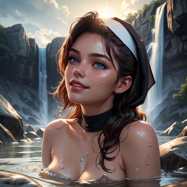 Night scene, close-up photo of topless nun, small breasts, bathing near the waterfall, body soaked in water, lean cheeks, wet hair, chin up, seductive face, no bra, stones, pure water, cleavage show, water on the body, realistic pores on the body, look up at the sky and smile, black ponytail hair, (blue eyes: 0.8), beautiful adult face, 20 yo, soft volumetric lights, (backlit: 1.3), (cinematic: 1.3), intricate details, (ArtStation: 1.2)