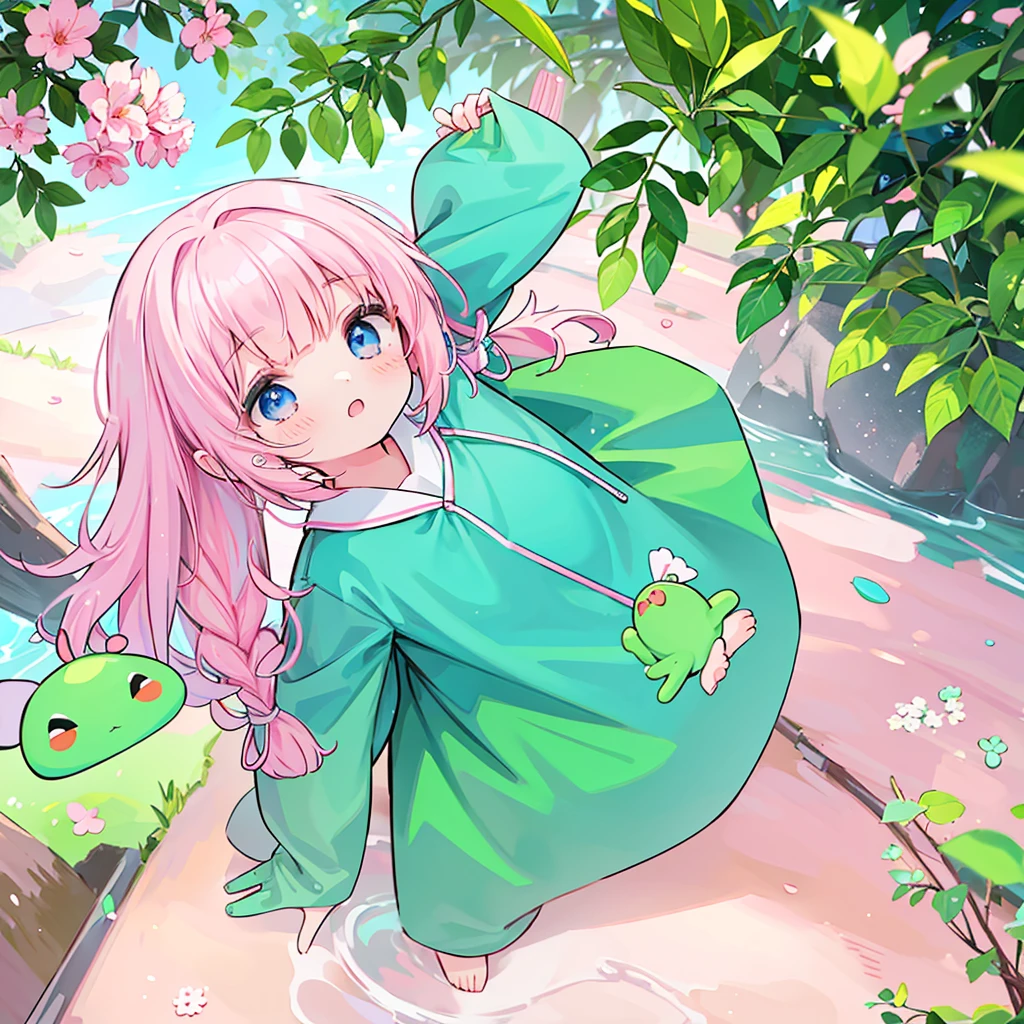 highest quality、masterpiece、Chibi Character、3 、boy、pinkの髪、Blue eyes、Wearing a green frog costume、Looking up、hair、pink、Side braid、boy
