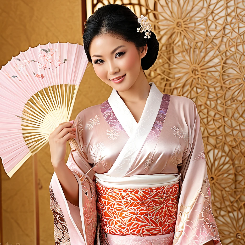 (a lovely busty malaysian woman:1.1,barely covering herself,teasing the viewer),traditional japanese komono,exquisite silk fabric,elaborate floral patterns,(best quality,highres),soft lighting,warm color tones,vibrant colors,delicate lace details,enticing expression,lustrous black hair,seductively posed,alluring atmosphere,subtle makeup,inviting gaze,subtle blush,flirtatious smile,beautifully manicured nails,graceful body movements,sensual curves,charming personality,eye-catching accessories,playful charm,sheer elegance,attractive silhouette,subtly revealed skin,confidence and poise,traditional japanese fans,feminine allure,mysterious aura,captivating beauty,irresistible charm,exotic allure,mesmerizing presence,impeccable style,cultural fusion,luxurious indulgence,unique beauty,lustful desires.