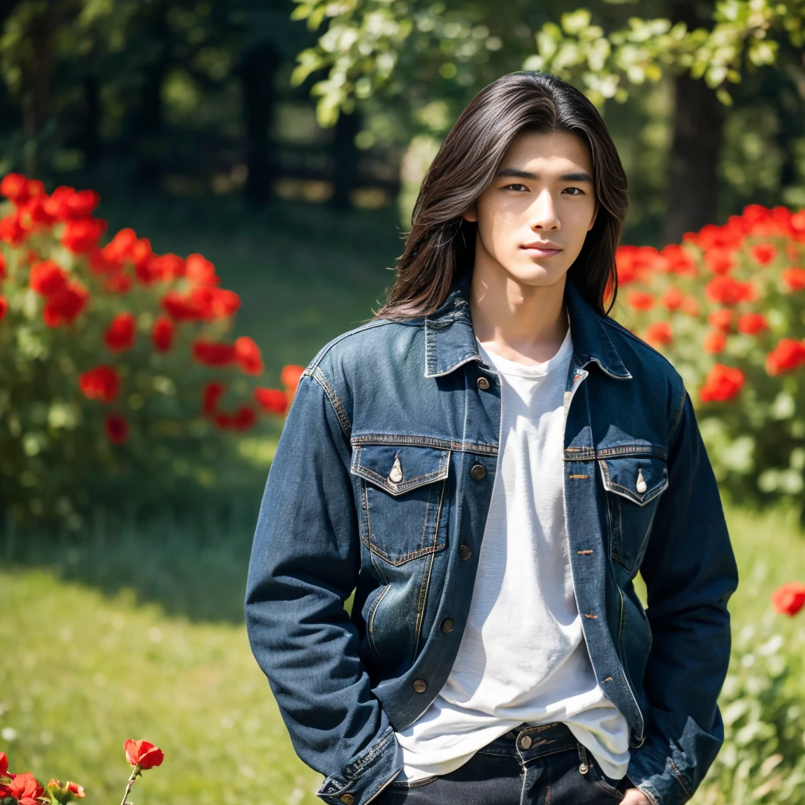 Young Asian man, 25 years old, His long hair flowed up.,) Bright dark black denim jacket,) very handsome,) ,Jeans) outdoors in the countryside , with red flowers,) best quality, 10, height:1.2), 8K Special Details, (realistic:1.37), Portrait, Full body, Posing from different angles,, bright colors, Warm light, shot with a high quality camera 45,000,000,000,Pixels, Realistic light colors,