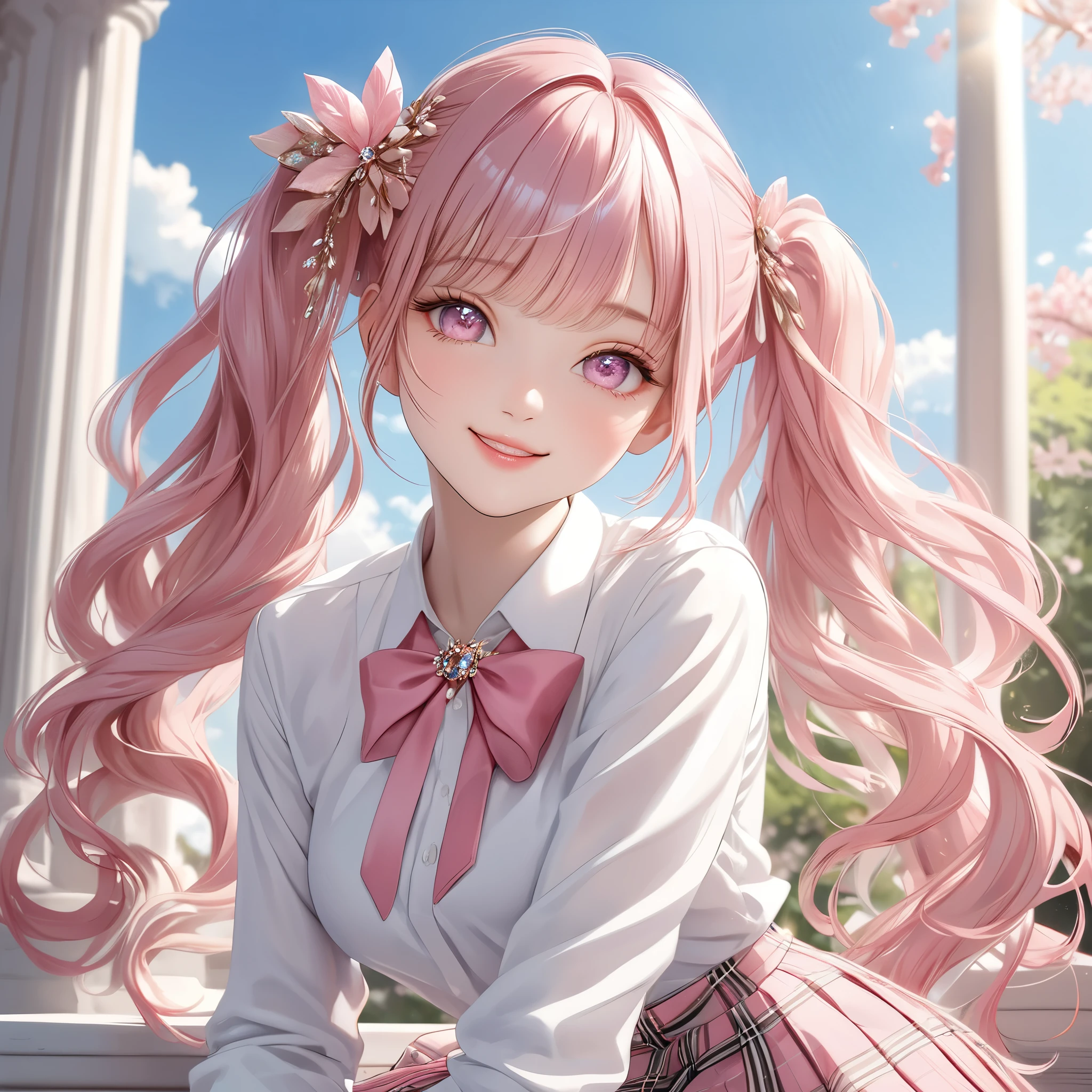 (8K, masutepiece, Highest Quality, Best Quality, Official art, Breathtaking beauty and aesthetics, A highly detailed, The best masterpiece in history that exceeds limits, Breathtaking and beautiful lighting:1.2), (1 Absolute Beautiful Girl, Solo), (sixteen years old), (beautiful detailed face), (shiny white skin), (beautiful detailed pink twin tails hair, Bangs:1.3), (beautiful detailed drooping pink eyes:1.3), (high school uniform), (white shirt, pastel pink Tartan Plaid pleated skirt, patsel pink ribbon:1.3), (Beautiful big bust:1.3), (thighs), (happy smile, Beautiful smile, Gentle smile, cute smile, innocent smile:1.2), (Attractive, amazing, Beautiful, Elegant, Luxurious, magnifica, Happy, Eye-catching, the ultimate beauty, Supreme Beauty, Superlative beauty, Elegant, Graceful, Everyone loves it, Beauty that fascinates everyone, Healed, The highest level of complete beauty, cute like an idol, Stylish like a fashion model, Goddess-like grace, Be loved, cute little, adolable), Look at the camera, cute pose, breathtaking scenery, (ultra detailed realistic Beautiful high school study, blue sky, morning:1.3),