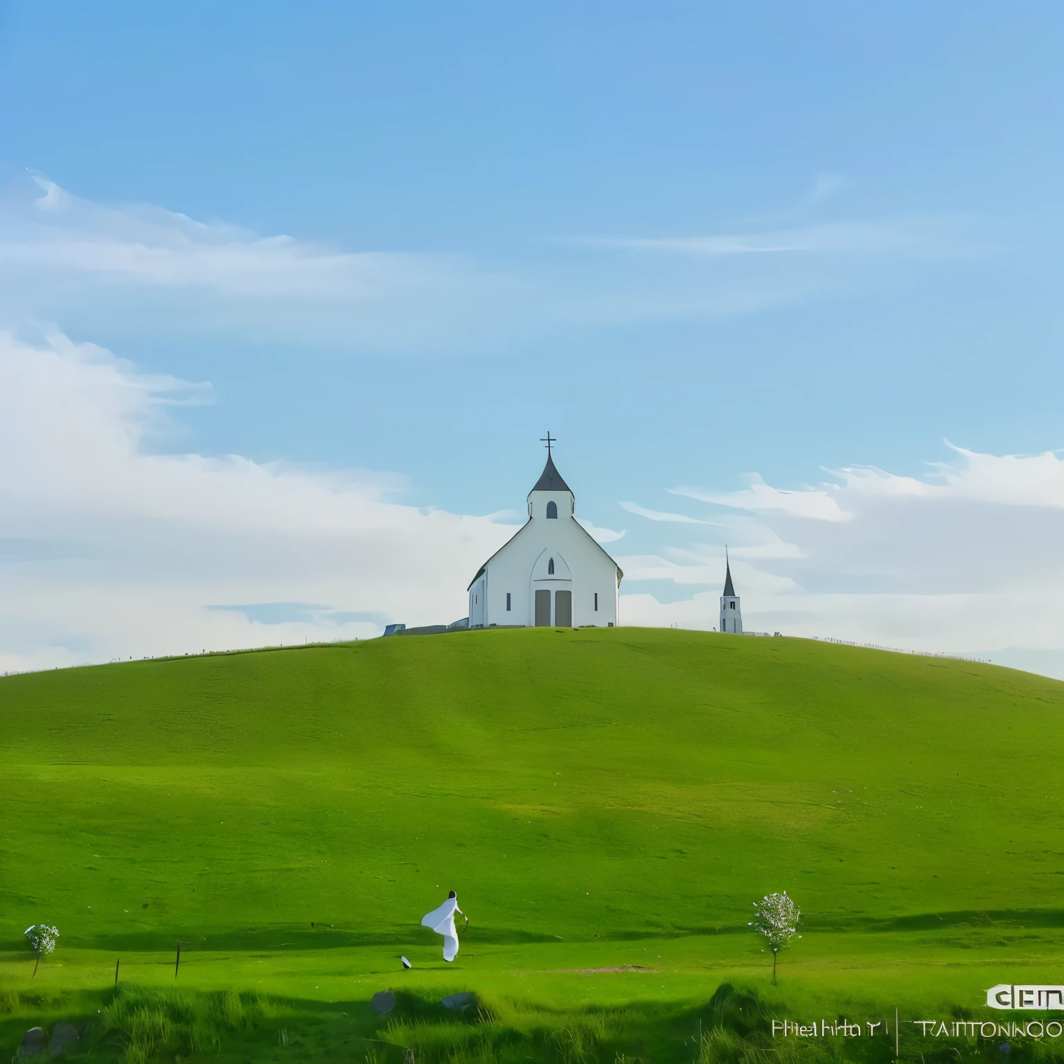 arafed church On the Hill with a person running in the grass, white Church Background, on a green hill, Church Background, On the Hill, house On the Hill, Church Background!, Heaven on top, On the top of the mountain, On the top of the mountain, standing On the Hill, It is a place of worship, victorious On the Hill