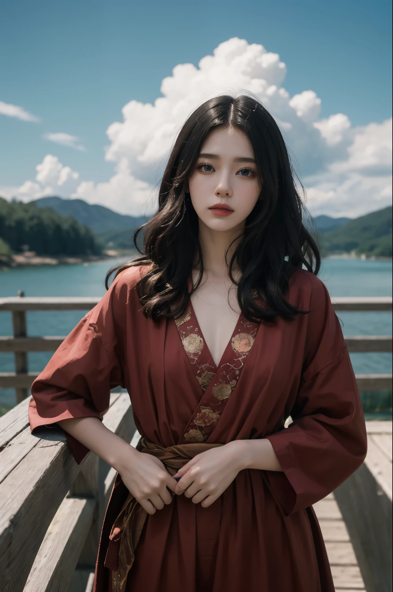 styled: Pure+ultra-realistic realism, Fair skin texture, Bright eyes, lightand shade contrast, high textured, ultra HD picture quality, High nose, dynamic angle, Light tracing, Realism, offcial art, Unity 8k Wallpaper, Ultra detailed paintings, A masterpiece of beauty, best qualityer, Glows skin, movie level lighting, Side Body,full bodyesbian, setting in nature, red color Hanfu,On the bridge,with blue sky and white clouds