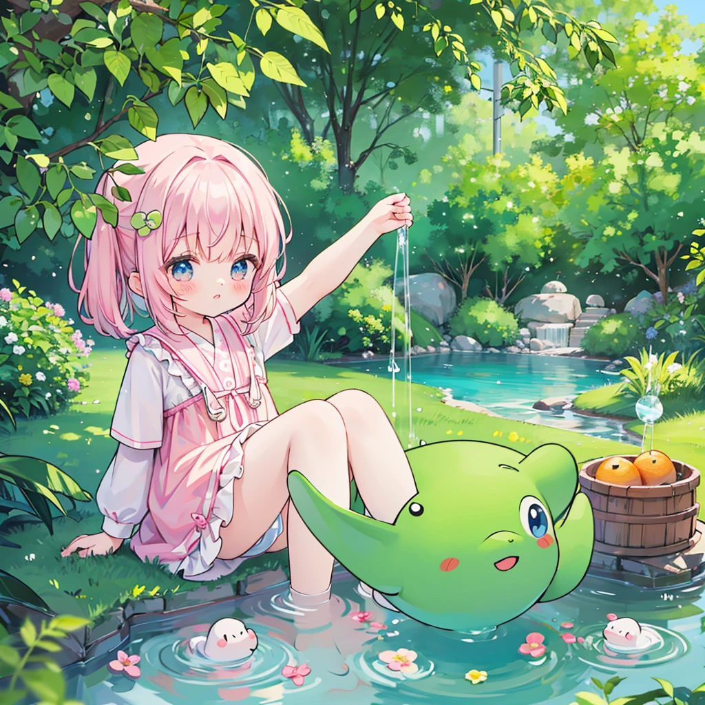 highest quality、masterpiece、Chibi Character、、boy、pinkの髪、Blue eyes、Wearing a green frog costume、Looking up、hair、pink、Side braid、boy
