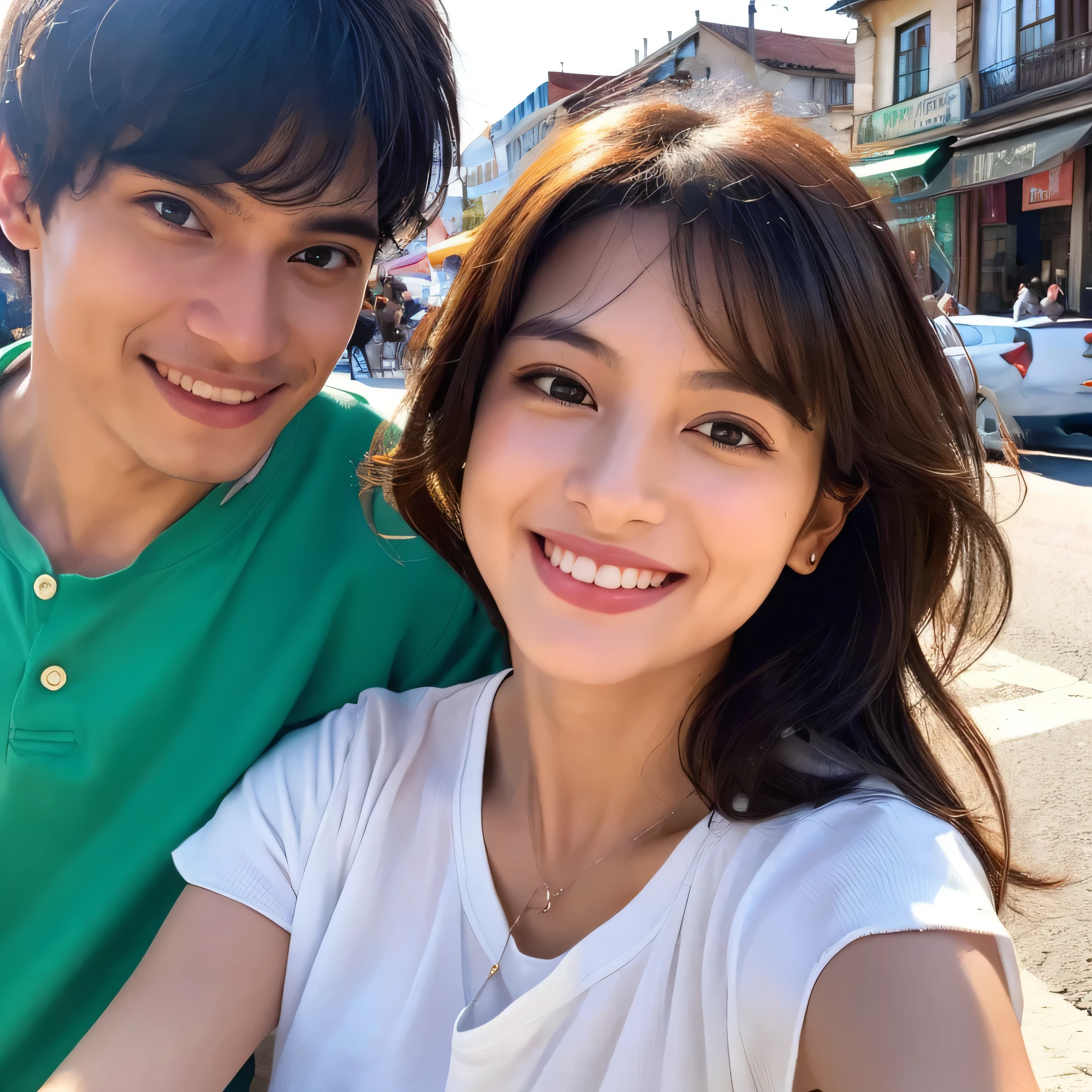 A woman taking a selfie leaning on a man's shoulder, showing their intimacy. (best quality, ultra-detailed), detailed facial features of the woman, expressive eyes, captivating smile, (realistic) rendering, (portrait, photography) style, vibrant colors, soft lighting, picturesque background, a moment captured in time.