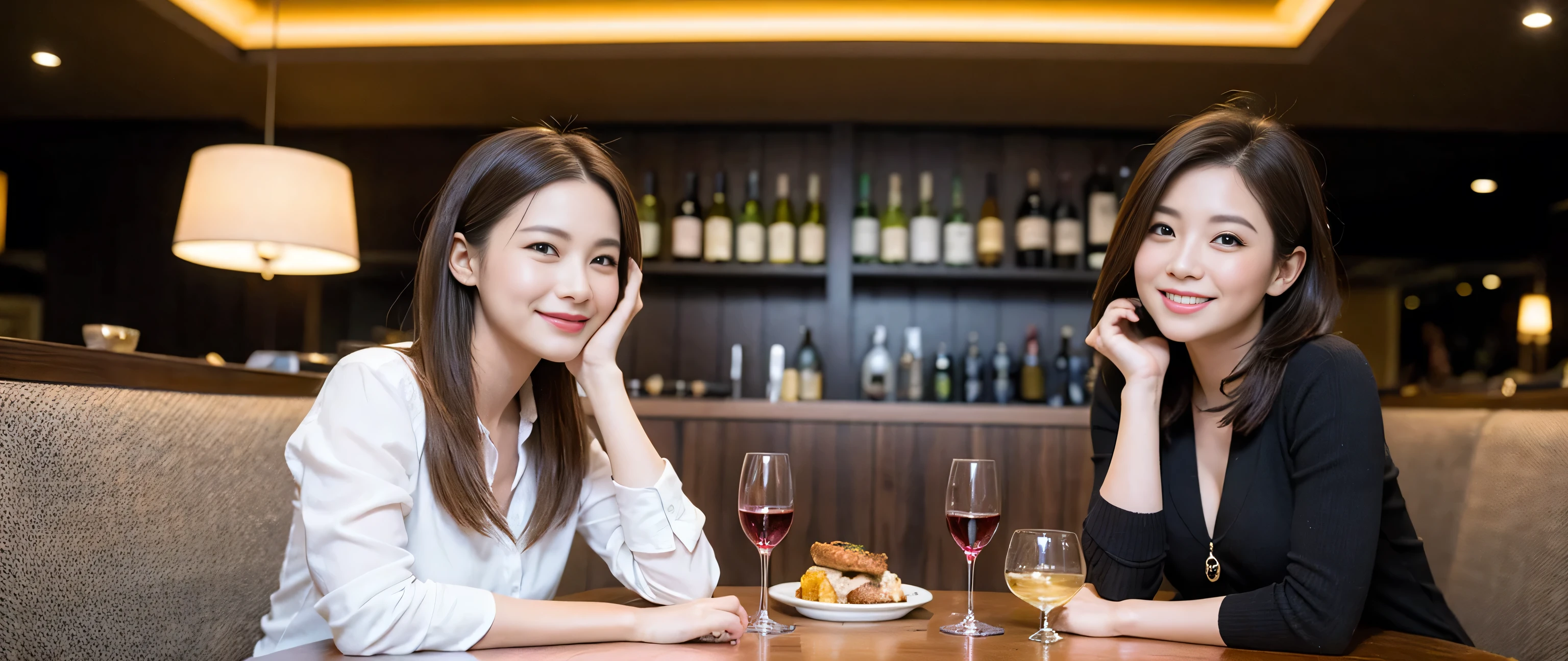 ((highest quality、8k、masterpiece:1.3))、1 male 1 female、Couple、Lovers Couple、Slim body、((Bob Hale、Straight hair:1.2)), (Realistic, Intricate details:1.2), Wine glass on the table、Shine light on your face、 Amazing view of the sunset sky and clouds、Amazing mountain views、A bright smile、The wonderfulness of smile、Bright image、The beauty of wine, Beautiful Face, blue eyes, The light shines on your face, Blushing, short hair,Bright Face、 (Age 37), 39 years old, red wine 、Appetizers、Italian food、Wine bottle、Champagne、sparkling wine、Two beauties、Brown Hair、Shortcuts、Long sleeve shirt、dress、Pretty Woman 1, (Slim face), (The body is slim), (Brown Hair), (Shortcuts), cheeks turn a little red,Attractive beauty、restaurant, In a prominent place (From the waist up) Nova Frog Style, actress, model, Upper Body, White wine, slim, wine glass, A wine glass placed in the middle, smile, (smile: 1.15), Beautiful fine grain, Depth f/2,saturation, High Contrast, Strong light and shadow,Moist Body:1.5、3D texture、Delicate eyes、Brown Hair、The hair is very shiny、