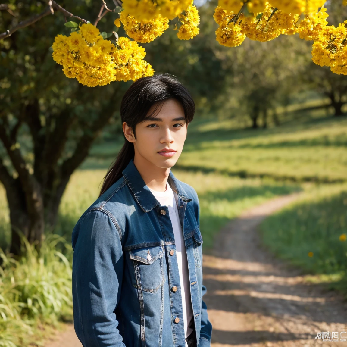 Young Asian man, 25 years old, His long hair flowed up.,) Bright dark black denim jacket,) very handsome,) ,Jeans) Outdoors in the countryside, made from a worn out thatched roof., , with red flowers,) best quality, 10, height:1.2), 8K Special Details, (realistic:1.37), Portrait, Full body, Posing from different angles,, bright colors, Warm light, shot with a high quality camera 45,000,000,000,Pixels, Realistic light colors,