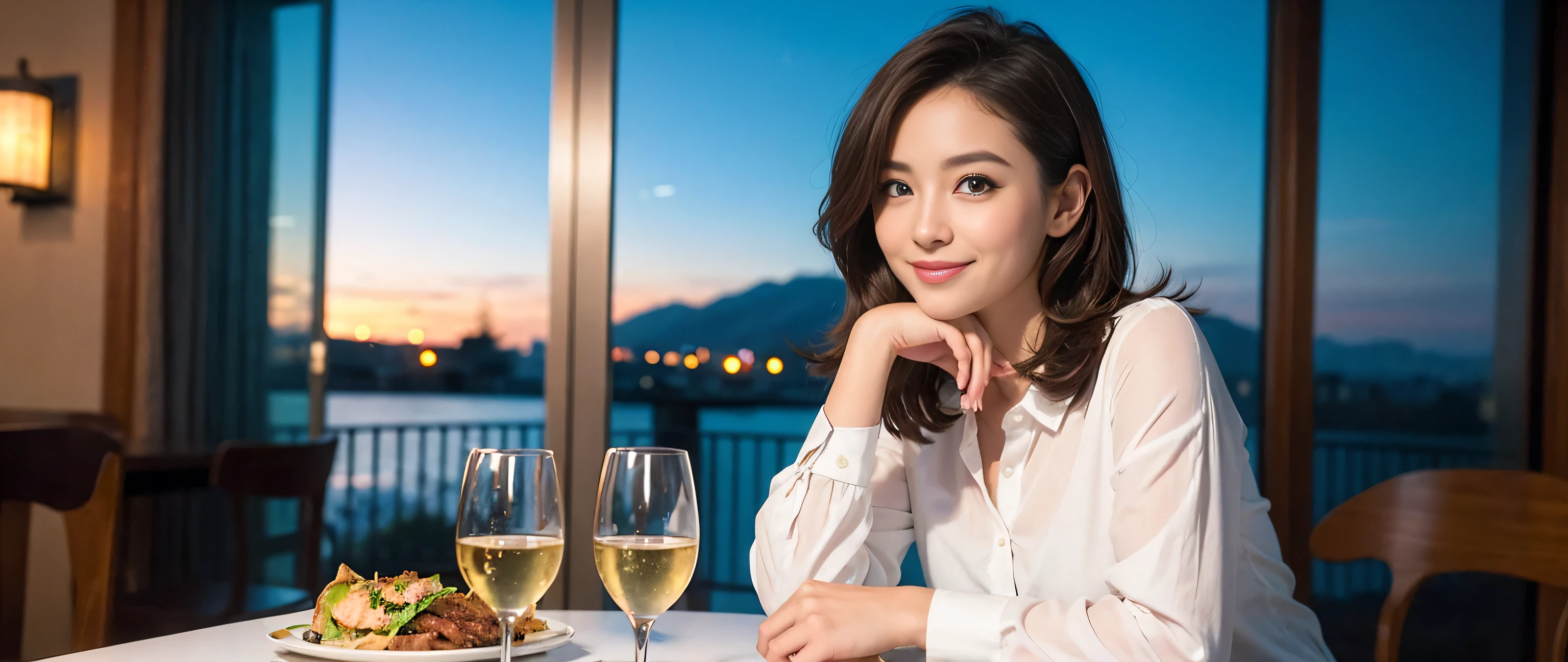 ((highest quality、8k、masterpiece:1.3))、1 male 1 female、couple、Lovers couple、Slim body、((Bob Hale、Straight hair:1.2))、(Realistic, Intricate details:1.2), Wine glass on the table、Shine light on your face、 Amazing view of the sunset sky and clouds、Amazing mountain views、A bright smile、A lovely woman with a smile、Bright image、Beautiful Face, blue eyes, The light shines on your face, Blushing, short hair,Bright Face、Fox face、 (40 years old), 39 years old, Lady、red wine 、Appetizers、Italian food、Wine bottle、Champagne、sparkling wine、Two beauties、Brown Hair、Shortcuts、Long sleeve shirt、dress、Pretty Woman 1, (Slim face), (The body is slim), (Brown Hair), (Shortcuts), cheeks turn a little red,Attractive beauty、, Out of the window, A beautiful and detailed night view unfolds.........., restaurant, In a prominent place (From the waist up) Nova Frog Style, actress, model, Upper Body, White wine, slim, wine glass, A wine glass placed in the middle, smile, (smile: 1.15), Beautiful fine grain, Depth f/2,saturation, High Contrast, Strong light and shadow,Moist Body:1.5、3D texture、Delicate eyes、Brown Hair、The hair is very shiny、