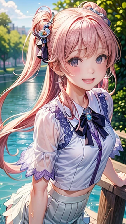 (transformation、I love exposure)、Anime girl with pink hair and a ribbon in her hair, Cute realistic portrait, 、Gweitz, Magical Girl Portrait, Cute Characters, Cute art style, Anime Moe Art Style, MapleStory character art, cute portrait, Cute Anime Girl Portrait, Small person portrait, artwork in the style of Gweitz, Splash Art Anime ,((green、Purple lace blouse、See-through、See-throughのワンピースの水着、White mini skirt))、Cute Earrings、Long Hair Twin Tail、bird、Wind、smile、Embarrassed face、Embarrassing