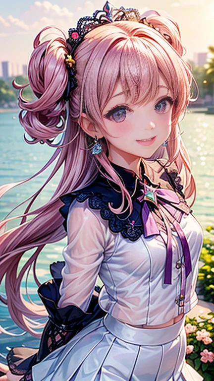 (transformation、I love exposure)、Anime girl with pink hair and a ribbon in her hair, Cute realistic portrait, 、Gweitz, Magical Girl Portrait, Cute Characters, Cute art style, Anime Moe Art Style, MapleStory character art, cute portrait, Cute Anime Girl Portrait, Small person portrait, artwork in the style of Gweitz, Splash Art Anime ,((green、Purple lace blouse、See-through、See-throughのワンピースの水着、White mini skirt))、Cute Earrings、Long Hair Twin Tail、bird、Wind、smile、Embarrassed face、Embarrassing