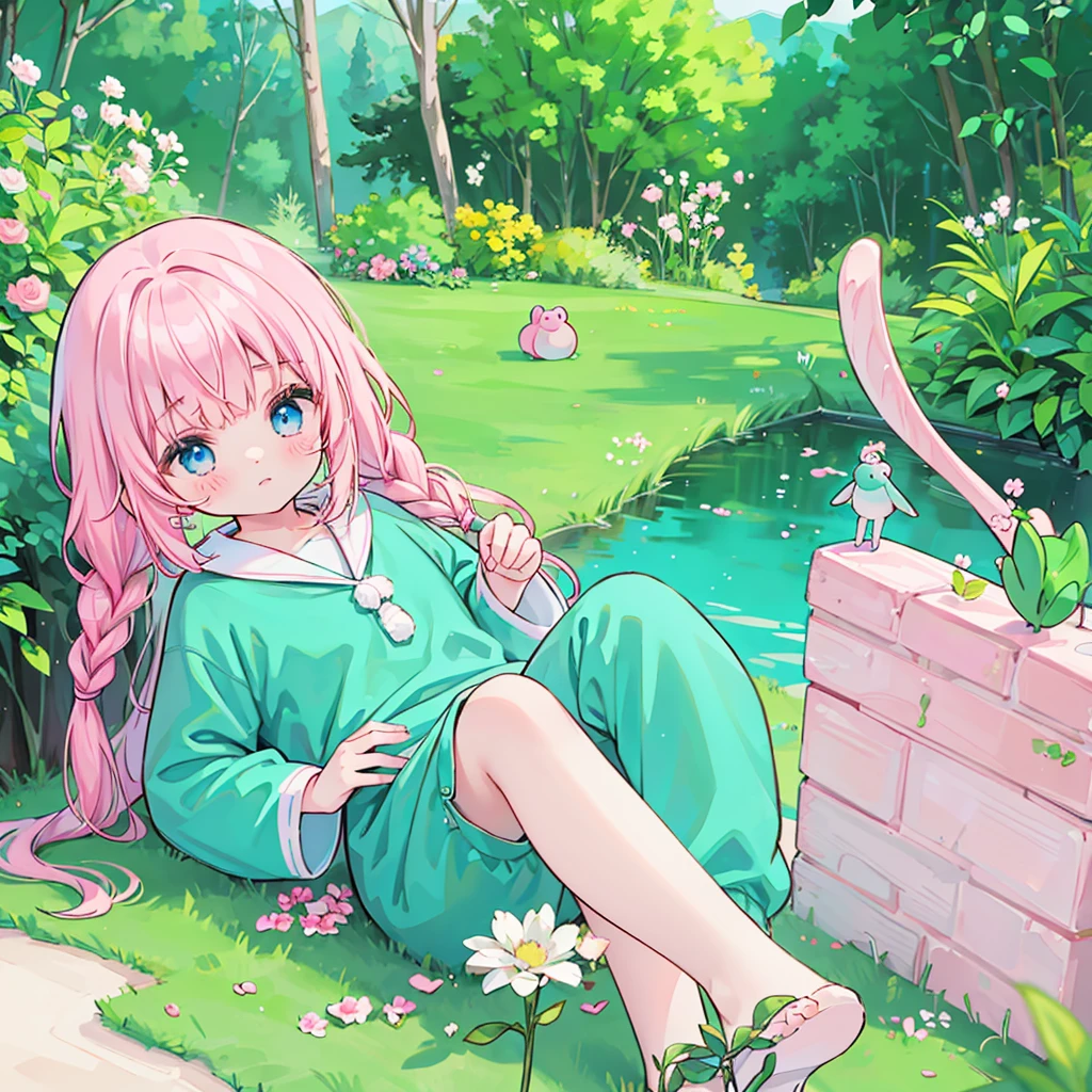 highest quality、masterpiece、boy、pinkの髪、Blue eyes、Wearing a green frog costume、Looking up、hair、pink、Side braid、boy
