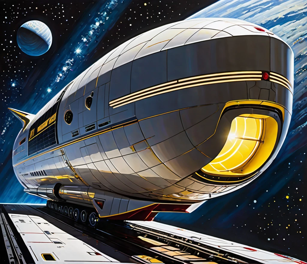 A highly detailed, photorealist, hyperdetailed, masterpiece, seamlessly blending the artistic styles of J. Michael Straczynski and Leonardo Da Vinci.The subject of the new portrait showcases an extraordinary, futuristic sci-fi portrait of an immense starship. The primary colors of the starship are neon gold and ruby red, creating a striking contrast against the vastness of space. Cream-colored crystalline nacelles, elegantly angled at 75 degrees, emit a mesmerizing neon yellow light, adding to the ship's futuristic allure.The design of the starship draws inspiration from the visionary styles of J. Michael Straczynski and the intricate mechanical sketches of Leonardo Da Vinci. Its silhouette echoes the iconic Agamemnon from Babylon 5, featuring distinctive elements such as a rounded 1974 Winnebago-inspired cylindrical bridge. This bridge commands attention with its impressive dimensions: 108 feet in length, 72 feet in width, and towering 36 ft high above from the 48 ft cobalt platinum industrial supports, that come up from the base of the ship. Moving along the starship, the cylindrical middle section extends 36 ft in height,288 feet in length, and spans144 ft in width, showcasing intricate details and geometric patterns that reflect both artistic mastery and advanced technology.The mid section is only 24 ft, up from the base,with industrial wired platinum cobalt steel supports. The sleek design base, similar to a Freightliner, that stretches a staggering 576 ft in length,48 ft high , & 820 ft wide emphasizing the ship's immense scale and capability. Against the backdrop of deep space, speckled with distant stars and nebulae, the starship exudes a sense of grandeur and exploration. The play of light and shadow across its surfaces enhances the realism of the painting, highlighting every curve, panel, and intricate detail of its construction. This futuristic masterpiece invites viewers to imagine the possibilities of space exploration and te