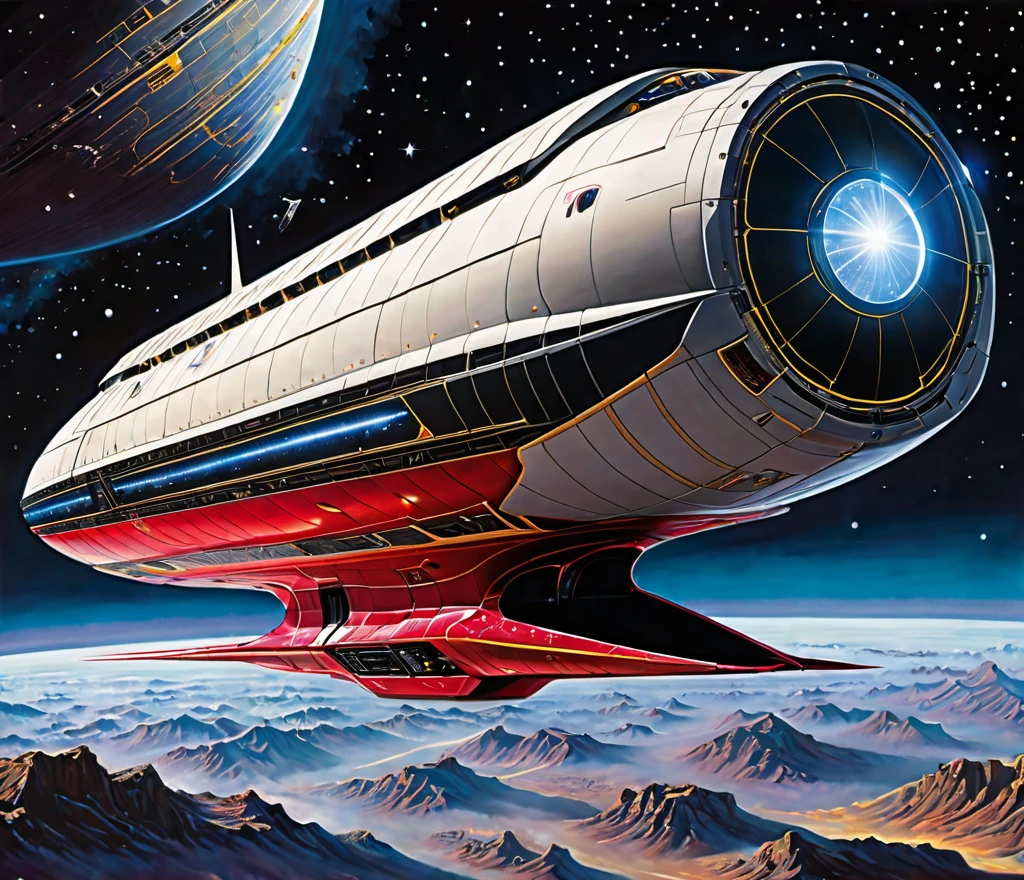 A highly detailed, photorealist, hyperdetailed, masterpiece, seamlessly blending the artistic styles of J. Michael Straczynski and Leonardo Da Vinci.The subject of the new portrait showcases an extraordinary, futuristic sci-fi portrait of an immense starship. The primary colors of the starship are neon gold and ruby red, creating a striking contrast against the vastness of space. Cream-colored crystalline nacelles, elegantly angled at 75 degrees, emit a mesmerizing neon yellow light, adding to the ship's futuristic allure.The design of the starship draws inspiration from the visionary styles of J. Michael Straczynski and the intricate mechanical sketches of Leonardo Da Vinci. Its silhouette echoes the iconic Agamemnon from Babylon 5, featuring distinctive elements such as a rounded 1974 Winnebago-inspired cylindrical bridge. This bridge commands attention with its impressive dimensions: 108 feet in length, 72 feet in width, and towering 36 ft high above from the 48 ft cobalt platinum industrial supports, that come up from the base of the ship. Moving along the starship, the cylindrical middle section extends 36 ft in height,288 feet in length, and spans144 ft in width, showcasing intricate details and geometric patterns that reflect both artistic mastery and advanced technology.The mid section is only 24 ft, up from the base,with industrial wired platinum cobalt steel supports. The sleek design base, similar to a Freightliner, that stretches a staggering 576 ft in length,48 ft high , & 820 ft wide emphasizing the ship's immense scale and capability. Against the backdrop of deep space, speckled with distant stars and nebulae, the starship exudes a sense of grandeur and exploration. The play of light and shadow across its surfaces enhances the realism of the painting, highlighting every curve, panel, and intricate detail of its construction. This futuristic masterpiece invites viewers to imagine the possibilities of space exploration and te