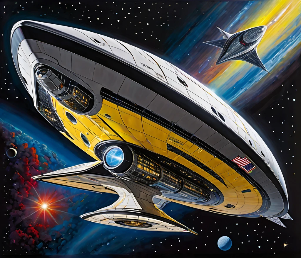 A highly detailed, photorealist, hyperdetailed, masterpiece, seamlessly blending the artistic styles of J. Michael Straczynski and Leonardo Da Vinci.The subject of the new portrait showcases an extraordinary, futuristic sci-fi portrait of an immense starship. The primary colors of the starship are neon gold and ruby red, creating a striking contrast against the vastness of space. Cream-colored crystalline nacelles, elegantly angled at 75 degrees, emit a mesmerizing neon yellow light, adding to the ship's futuristic allure.The design of the starship draws inspiration from the visionary styles of J. Michael Straczynski and the intricate mechanical sketches of Leonardo Da Vinci. Its silhouette echoes the iconic Agamemnon from Babylon 5, featuring distinctive elements such as a rounded 1974 Winnebago-inspired cylindrical bridge. This bridge commands attention with its impressive dimensions: 108 feet in length, 72 feet in width, and towering 36 ft high above from the 48 ft cobalt platinum industrial supports, that come up from the base of the ship. Moving along the starship, the cylindrical middle section extends 36 ft in height,288 feet in length, and spans144 ft in width, showcasing intricate details and geometric patterns that reflect both artistic mastery and advanced technology.The mid section is only 24 ft, up from the base,with industrial wired platinum cobalt steel supports. The sleek design base, similar to a Freightliner, that stretches a staggering 576 ft in length,48 ft high , & 820 ft wide emphasizing the ship's immense scale and capability. Against the backdrop of deep space, speckled with distant stars and nebulae, the starship exudes a sense of grandeur and exploration. The play of light and shadow across its surfaces enhances the realism of the painting, highlighting every curve, panel, and intricate detail of its construction. This futuristic masterpiece invites viewers to imagine the possibilities of space exploration and te