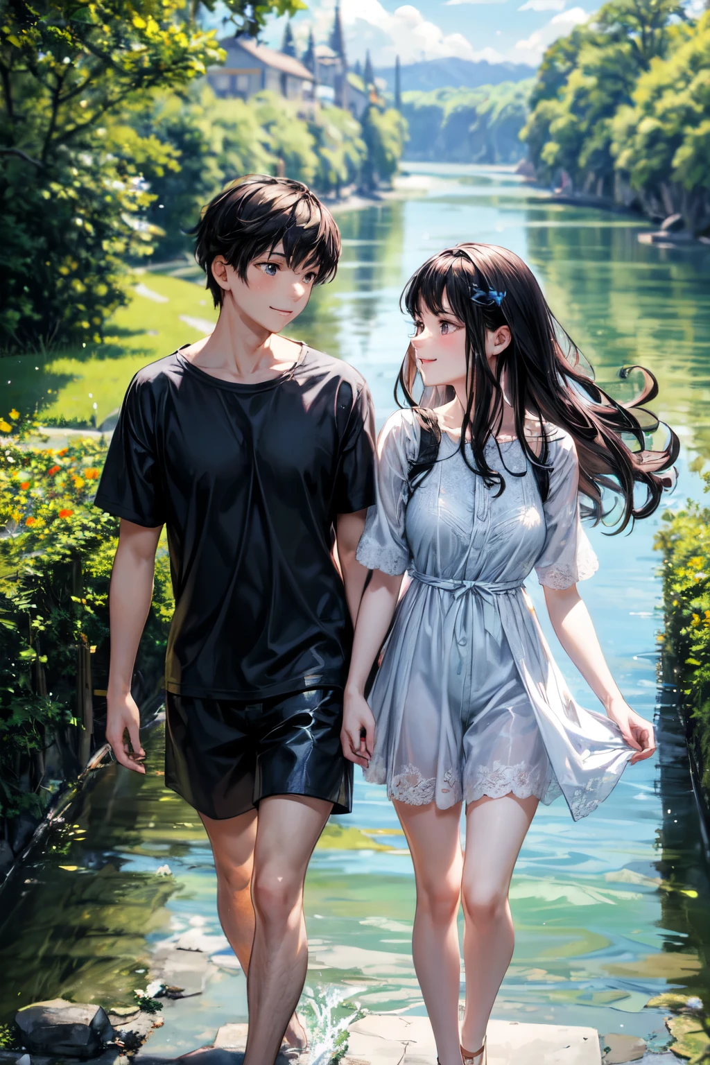 ((best quality)), ((masterpiece)), (detailed), (perfect face), Create a charming, heartwarming scene of a cute girl and a cute boy walking hand-in-hand along a riverbank. The girl has long, wavy hair and is wearing a light, summery dress, while the boy has short, tousled hair and is dressed in a casual t-shirt and shorts. They are smiling and looking at each other affectionately. The river beside them is calm and clear, reflecting the blue sky above. The riverbank is lush with green grass, wildflowers, and a few scattered trees providing dappled shade. In the background, there are gentle hills and a bright, sunny sky with a few fluffy clouds. The overall mood of the image should be one of youthful joy, love, and the simple pleasures of a beautiful day outdoors.