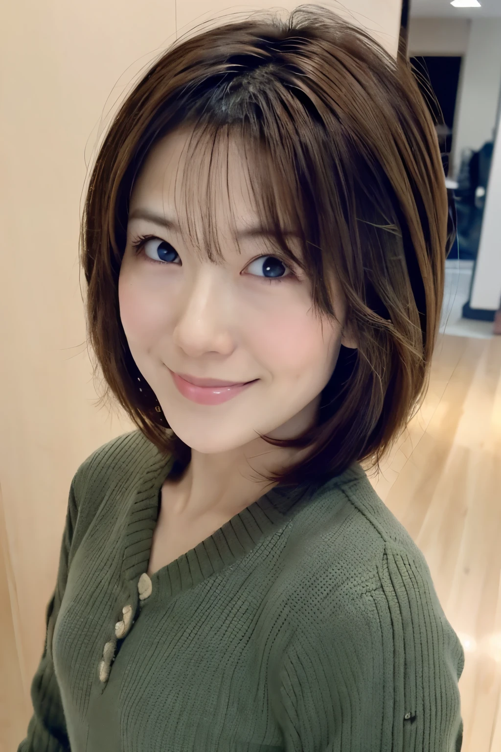 perfect human body structure, ((Best Quality, 8K, Masterpiece: 1.3)), 1 Girl, Slim Abs Beauty: 1.3, (Hairstyle Brown Hair Shortcut, Big: 1.2), Dress: 1.1, Super Slender Face, Delicate Eyes, Double Eyelids, Smile, Home, Raw Photo