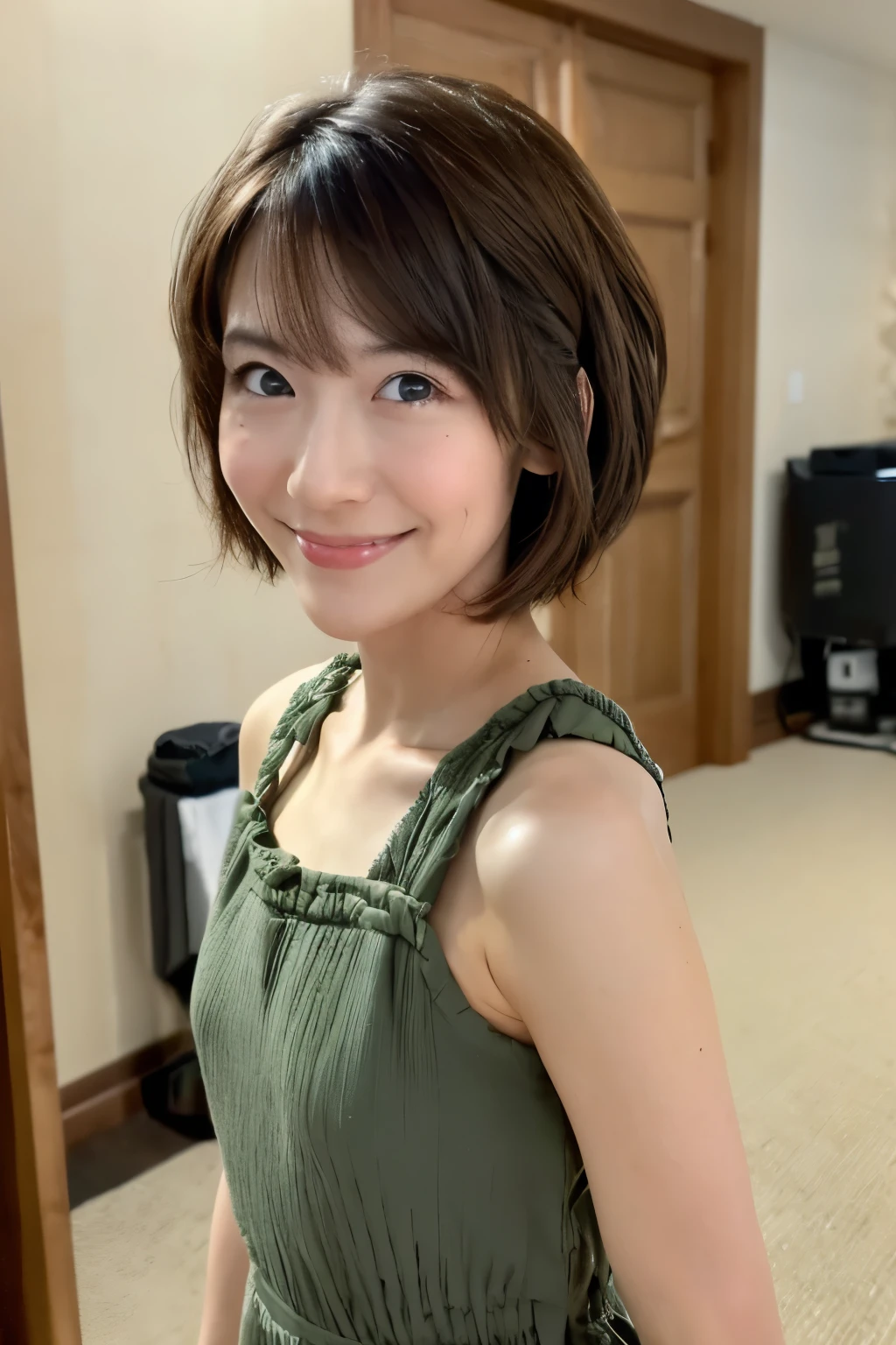 perfect human body structure, ((Best Quality, 8K, Masterpiece: 1.3)), 1 Girl, Slim Abs Beauty: 1.3, (Hairstyle Brown Hair Shortcut, Big: 1.2), Dress: 1.1, Super Slender Face, Delicate Eyes, Double Eyelids, Smile, Home, Raw Photo