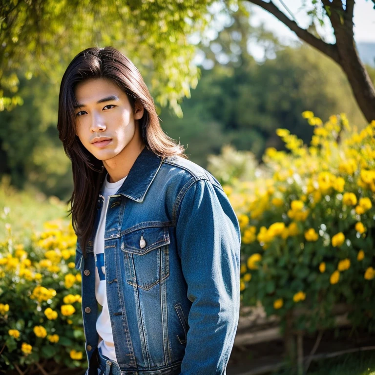 Young Asian man, 25 years old, His long hair flowed up.,) Bright dark black denim jacket,) very handsome,) ,Jeans) Outdoors in the countryside, made from a worn out thatched roof., , with red flowers,) best quality, 10, height:1.2), 8K Special Details, (realistic:1.37), Portrait, Full body, Posing from different angles,, bright colors, Warm light, shot with a high quality camera 45,000,000,000,Pixels, Realistic light colors,