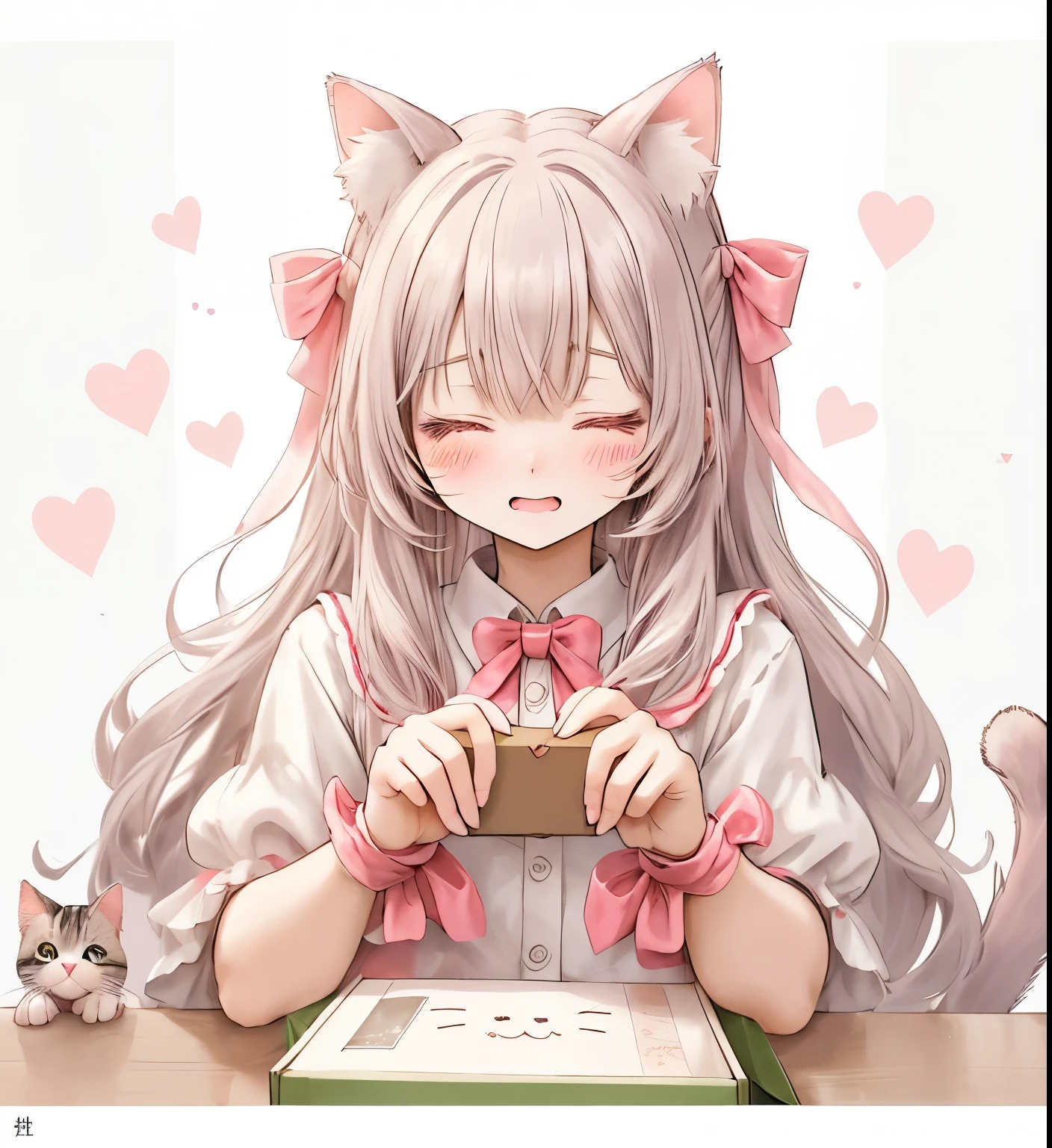 Cat-eared girl with ribbon、memory、album、box、Close your eyes and laugh