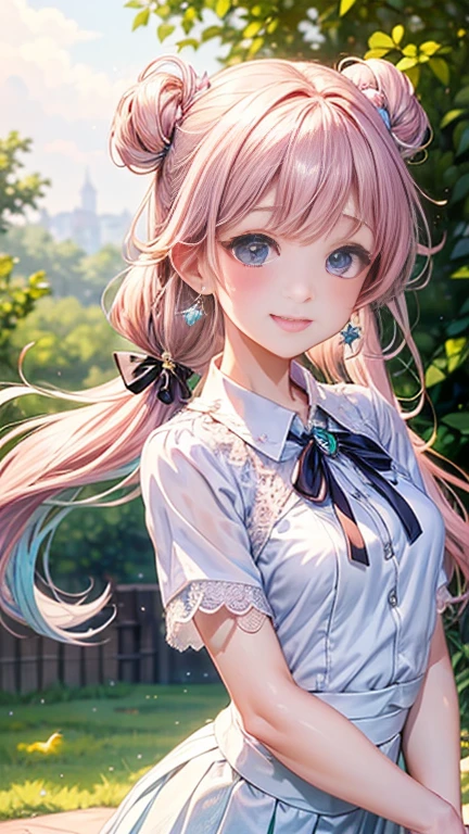 、Anime girl with pink hair and a ribbon in her hair, Cute realistic portrait, 、Gweitz, Magical Girl Portrait, Cute Characters, Cute art style, Anime Moe Art Style, MapleStory character art, cute portrait, Cute Anime Girl Portrait, Small person portrait, artwork in the style of Gweitz, Splash Art Anime ,((green、Iridescent lace blouse、、White mini skirt))、Cute Earrings、Long Hair Twin Tail、bird、Wind、smile、Embarrassed face、Embarrassing