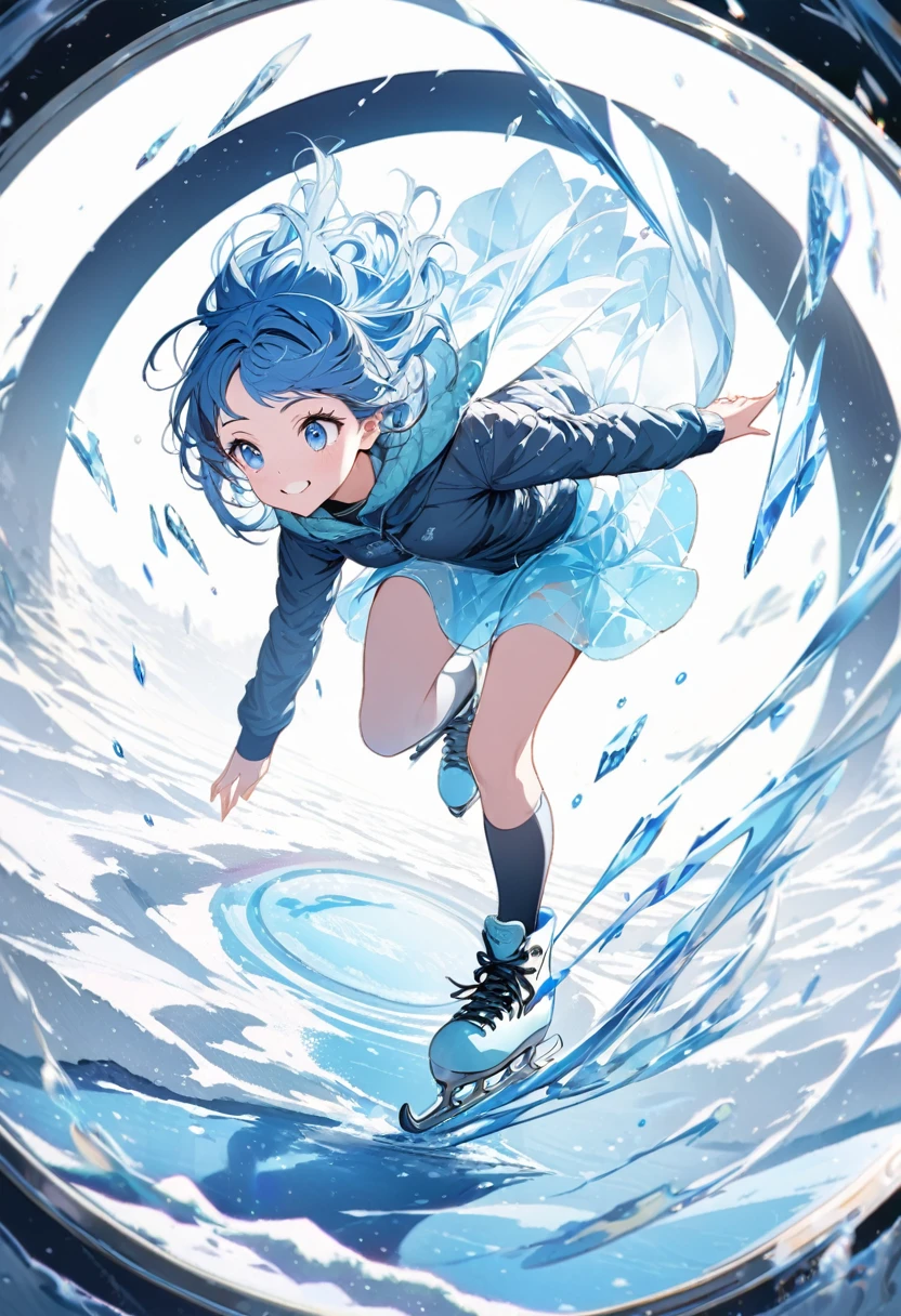 girl with blue hair and blue eyes wearing ice skates and short dress, skating and gliding on an ice lake, inside a circle, colors (blue and silver), plain white background, very detailed, illustration
