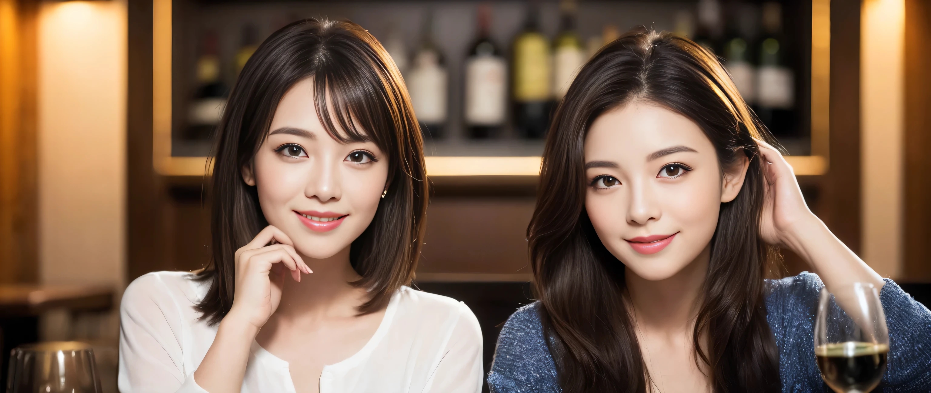 ((highest quality、8k、masterpiece:1.3))、1 male 1 female、Couple、Lovers Couple、Slim body、((Bob Hale、Straight hair:1.2)), (Realistic, Intricate details:1.2), Wine glass on the table、Shine light on your face、 Amazing view of the sunset sky and clouds、Amazing mountain views、A bright smile、The wonderfulness of smile、Bright image、The beauty of wine, Beautiful Face, blue eyes, The light shines on your face, Blushing, short hair,Bright Face、 (Age 37), 39 years old, red wine 、Appetizers、Italian food、Wine bottle、Champagne、sparkling wine、Two beauties、Brown Hair、Shortcuts、Long sleeve shirt、dress、Pretty Woman 1, (Slim face), (The body is slim), (Brown Hair), (Shortcuts), cheeks turn a little red,Attractive beauty、restaurant, In a prominent place (From the waist up) Nova Frog Style, actress, model, Upper Body, White wine, slim, wine glass, A wine glass placed in the middle, smile, (smile: 1.15), Beautiful fine grain, Depth f/2,saturation, High Contrast, Strong light and shadow,Moist Body:1.5、3D texture、Delicate eyes、Brown Hair、The hair is very shiny、