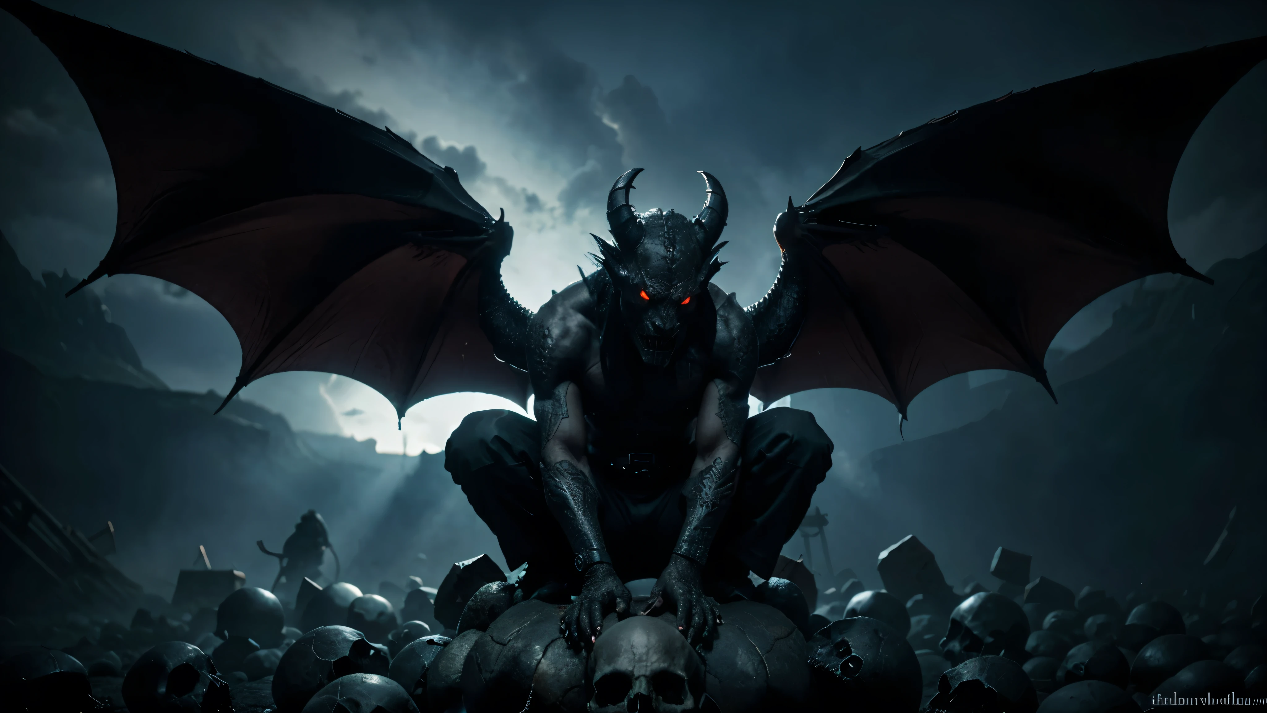 Dragon sitting on skulls dark with evil look and a narrow face