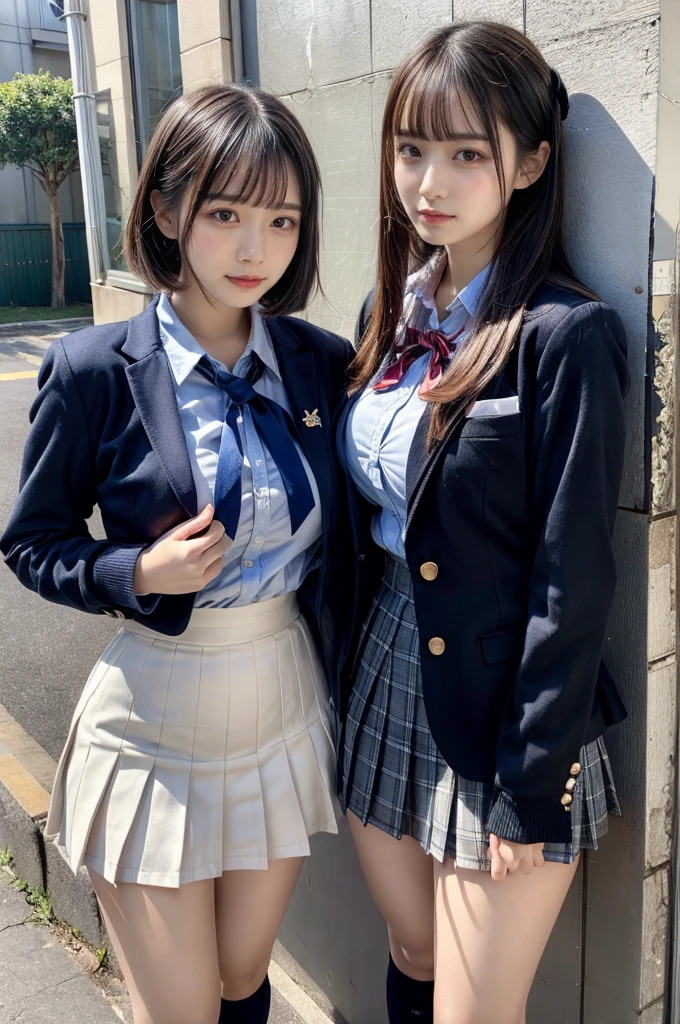 muster piece, best quality, illustration, Super detailed, fine details, High resolution, 8K,wall paper, perfect dynamic composition,(Details High quality, realistic depiction of eyes:1.3), ((2 girls, 2 schoolgirls)), High School Classroom、High school girl uniform、blazer 、Super Short Check Uniform Skirt、Navy blue high socks、garterbelts、Colossal tits、Disturbed uniform, Play with each other,Touching each other's bodies,Touching the body of the girl next door, short bob hair, black hair color, huge breasts, Big Natural Color Lip, bold sexy pose, (perfect body shape), crying a little、cold gaze, Harajuku style、20 year old girl、 beautiful legs, hposing Gravure Idol, Voluptuous thighs