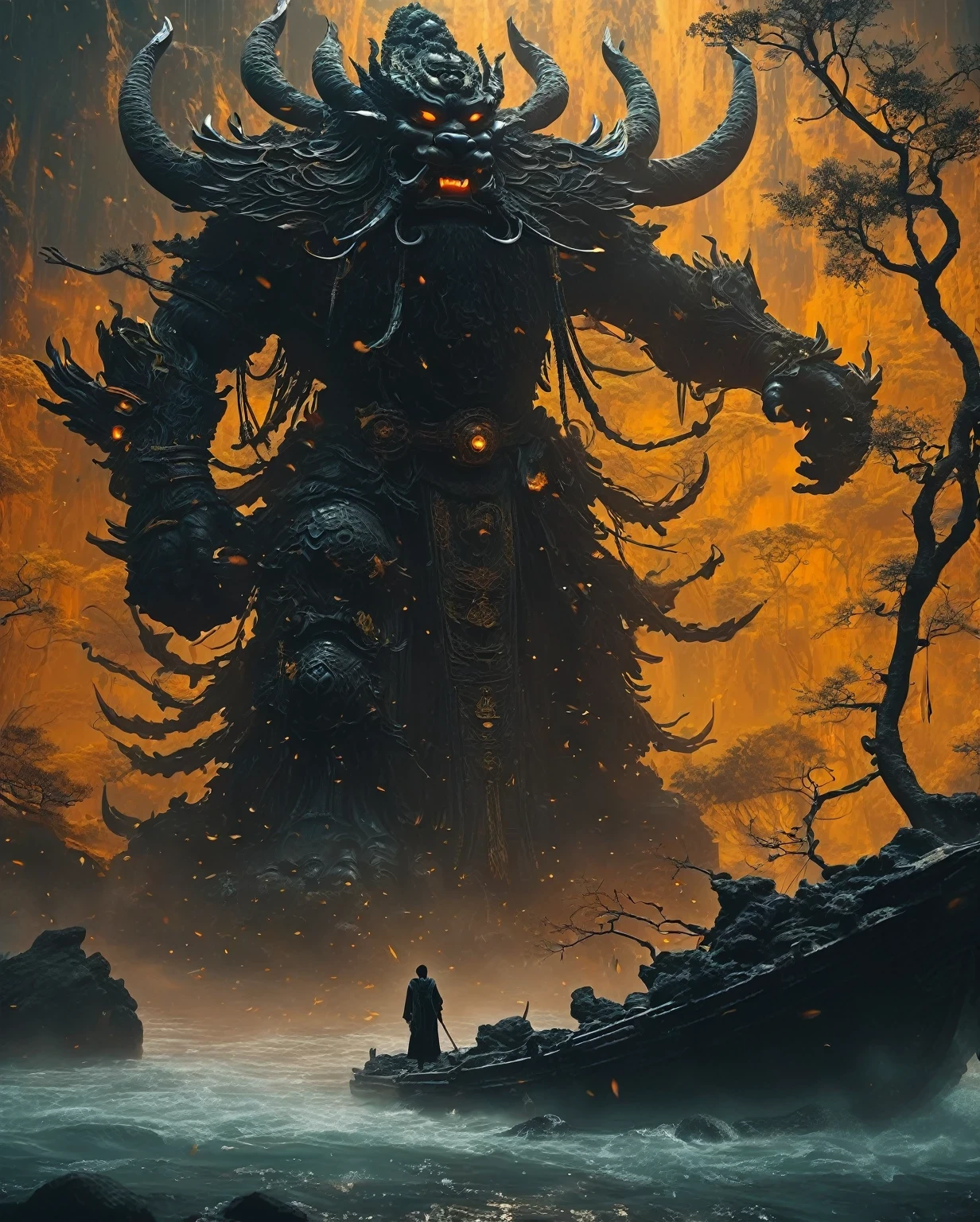 from above, Bokeh, Ultra HD, masterpiece, High Detail, high quality, The award-winning, best quality, High resolution, 16K,
(Looking up),Big dumb object,(The huge black god of death in Chinese legend is in the water:1.3),Great Wilderness,Dead Branches,Use advanced tones and shadows,Create a dazzling and mysterious light,Deep spatial patterns and mysterious atmosphere,Building a sci-fi mechanical world,Highlighting the insignificance of human beings,And the fear of the unknown,Minimalist Art,fantasy,Surrealism,Black and orange background,