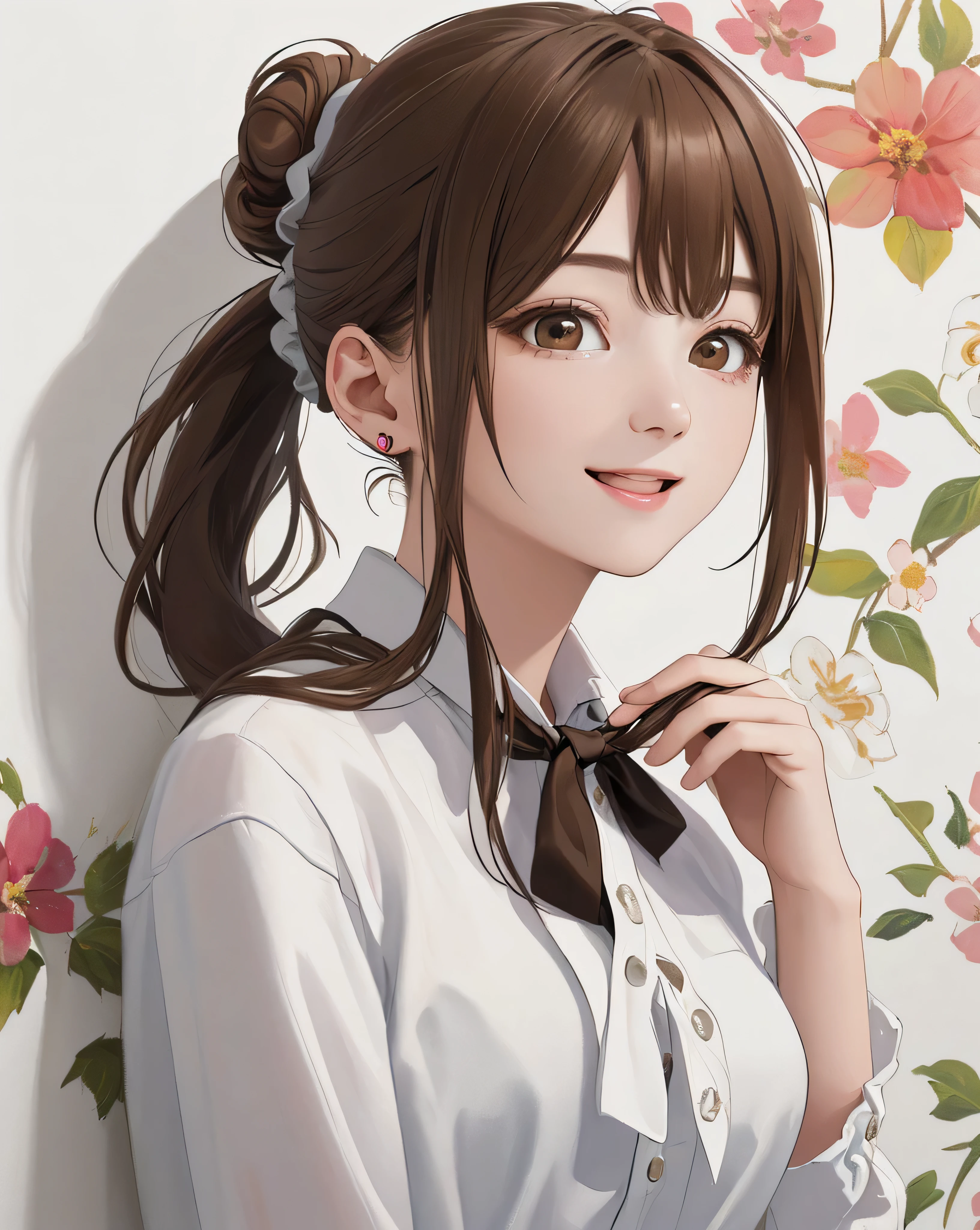 (highest quality、8k、32k、masterpiece)、(Realistic)、(Photorealistic:1.2)、(High resolution)、Very detailed、Very beautiful face and eyes、1 girl、Round and small face、Narrow waist、Delicate body、(close、highest quality、High detail、Rich skin detail)、(highest quality、8k、Oil paints:1.2)、Very detailed、(Realistic、Realistic:1.37)、Bright colors、(((Brown Hair)))、(((Bust Shot)))、(((Long ponytail)))、(((I tie my hair in a bun with a floral scrunchie)))、(((White wall background)))、(((White wall background)))、(((I'm an OL)))、(((She has a happy expression)))、(((I&#39;smile)))、(((Wearing a pink blouse)))、(((Look straight ahead)))、(((Brown Hair)))、(((I have Brown Hair)))、(((The skirt is short)))、(((Teeth are visible)))、(((Hands are above the head)))、