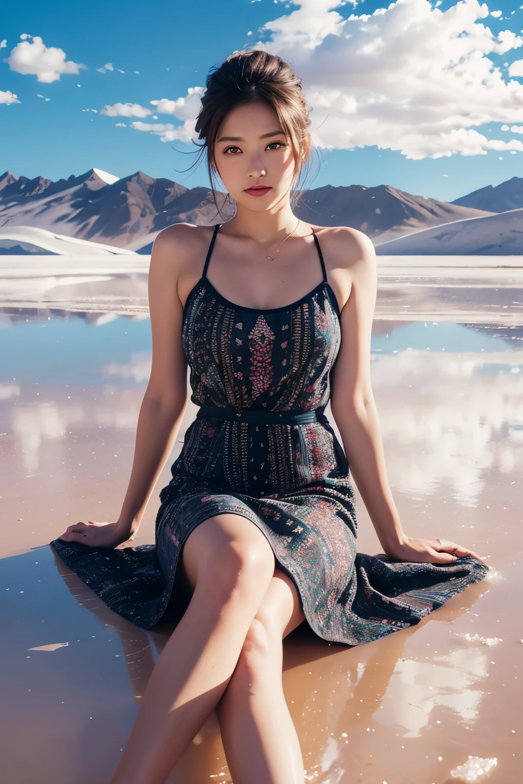 Beautiful woman sitting in a patterned dress at the Uyuni salt flats, magazine pose, landscape reflected on the ground, (detailed facial expressions),