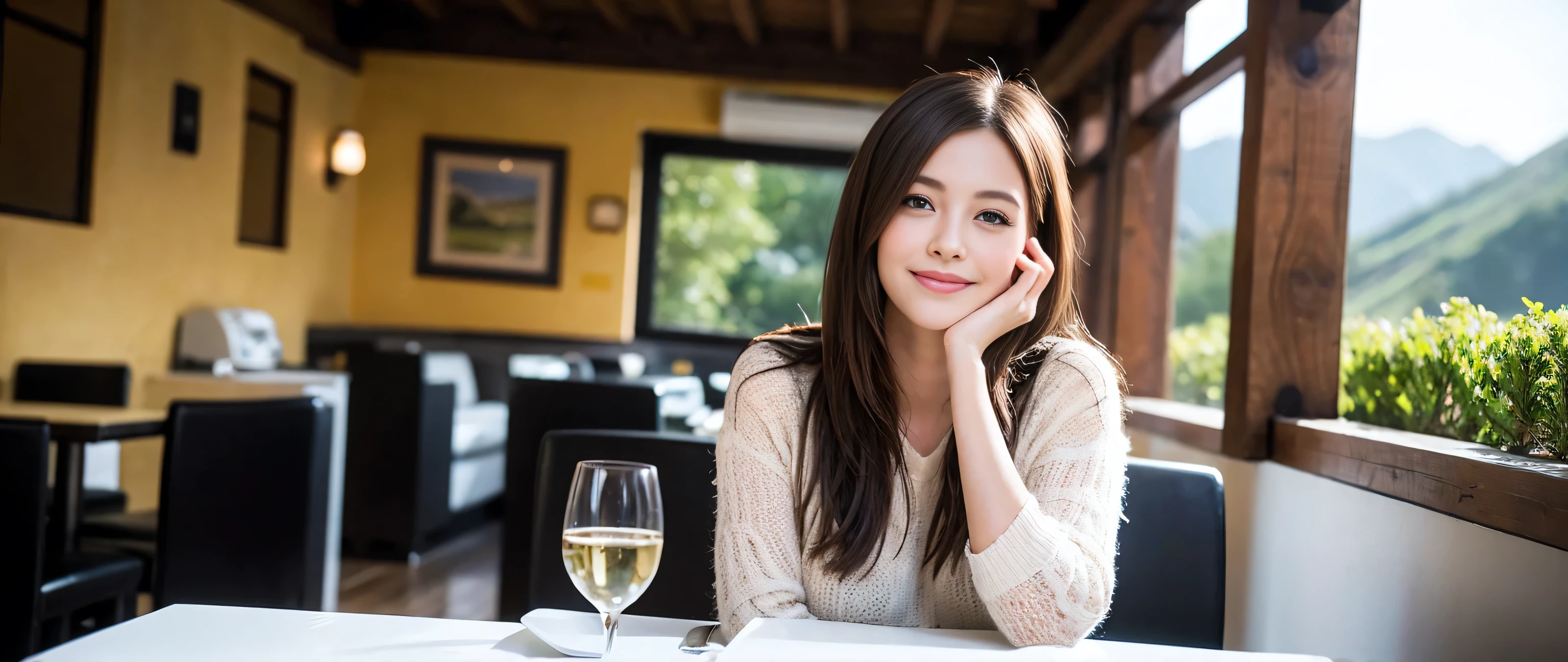 ((highest quality、8k、masterpiece:1.3))、1 male 1 female、couple、Lovers couple、Slim body、((Bob Hale、Straight hair:1.2))、(Realistic, Intricate details:1.2), Wine glass on the table、Shine light on your face、 Amazing view of the sunset sky and clouds、Amazing mountain views、A bright smile、A lovely woman with a smile、Bright image、Beautiful Face, blue eyes, The light shines on your face, Blushing, short hair,Bright Face、Fox face、 (40 years old), 39 years old, Lady、red wine 、Appetizers、Italian food、Wine bottle、Champagne、sparkling wine、Two beauties、Brown Hair、Shortcuts、Long sleeve shirt、dress、Pretty Woman 1, (Slim face), (The body is slim), (Brown Hair), (Shortcuts), cheeks turn a little red,Attractive beauty、, Out of the window, A beautiful and detailed night view unfolds.........., restaurant, In a prominent place (From the waist up) Nova Frog Style, actress, model, Upper Body, White wine, slim, wine glass, A wine glass placed in the middle, smile, (smile: 1.15), Beautiful fine grain, Depth f/2,saturation, High Contrast, Strong light and shadow,Moist Body:1.5、3D texture、Delicate eyes、Brown Hair、The hair is very shiny、