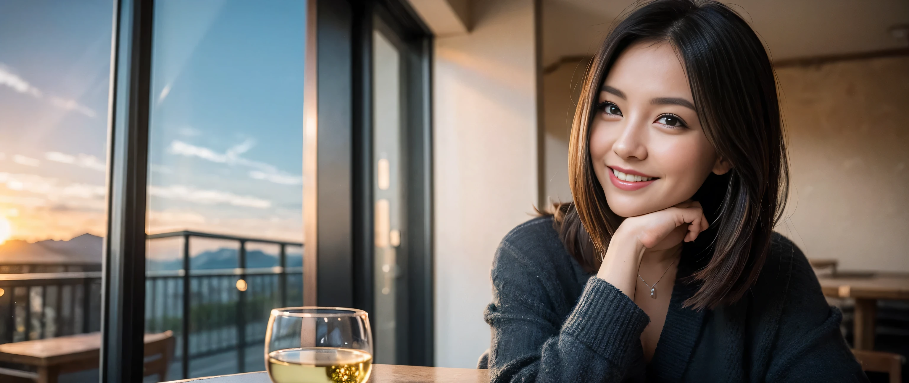 ((highest quality、8k、masterpiece:1.3))、1 male 1 female、couple、Lovers couple、Slim body、((Bob Hale、Straight hair:1.2))、(Realistic, Intricate details:1.2), Wine glass on the table、Shine light on your face、 Amazing view of the sunset sky and clouds、Amazing mountain views、A bright smile、A lovely woman with a smile、Bright image、Beautiful Face, blue eyes, The light shines on your face, Blushing, short hair,Bright Face、Fox face、 (36 years old), 39 years old, Lady、red wine 、Appetizers、Italian food、Wine bottle、Champagne、sparkling wine、Two beauties、Brown Hair、Shortcuts、Long sleeve shirt、dress、Pretty Woman 1, (Slim face), (The body is slim), (Brown Hair), (Shortcuts), cheeks turn a little red,Attractive beauty、, Out of the window, A beautiful and detailed night view unfolds.........., restaurant, In a prominent place (From the waist up) Nova Frog Style, actress, model, Upper Body, White wine, slim, wine glass, A wine glass placed in the middle, smile, (smile: 1.15), Beautiful fine grain, Depth f/2,saturation, High Contrast, Strong light and shadow,Moist Body:1.5、3D texture、Delicate eyes、Brown Hair、The hair is very shiny、