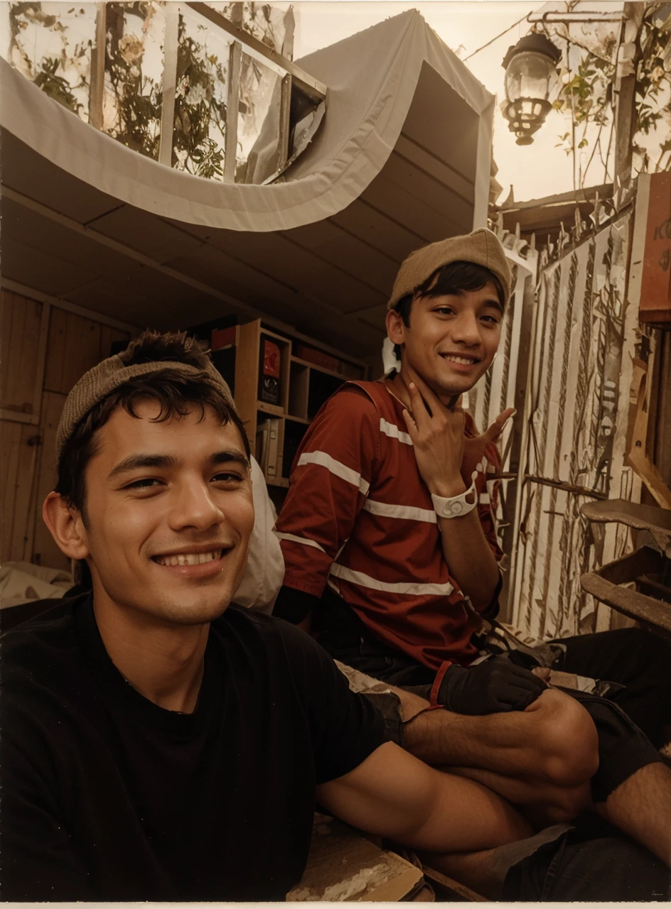 Two boys sitting making a sign