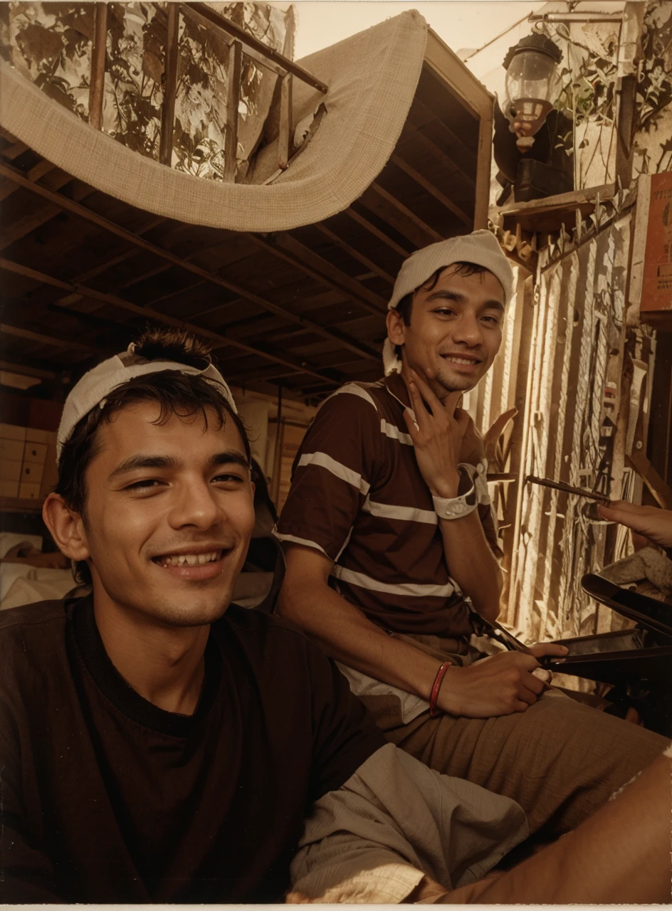 Two boys sitting making a sign