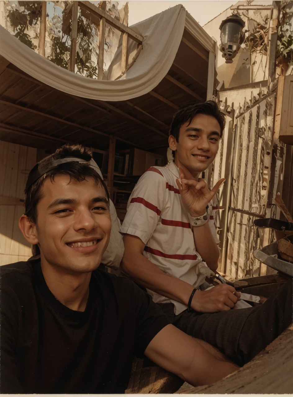 Two boys sitting making a sign