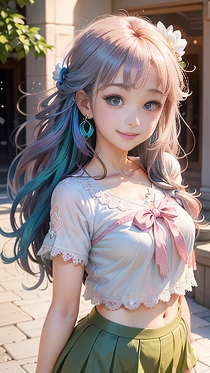 、Anime girl with pink hair and a ribbon in her hair, Cute realistic portrait, 、Gweitz, Magical Girl Portrait, Cute Characters, Cute art style, Anime Moe Art Style, MapleStory character art, cute portrait, Cute Anime Girl Portrait, Small person portrait, artwork in the style of Gweitz, Splash Art Anime ,((green、Iridescent lace blouse、、White mini skirt))、Cute Earrings、(Long Hair、curl)、bird、Wind、smile、Embarrassed face、Embarrassing