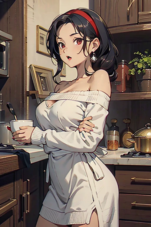 masterpiece, yor, 1girl, Amazing Cleavage:1.3, thin waist, big ass, Raised sexy, medium breast: 1.8 posed cleavage:1.2、solo, looking at viewer, open mouth, have a cup of coffee,black hair, red eyes, dress, bare shoulders, jewelry, collarbone, sidelocks, hairband, earrings, indoors, off shoulder, :o, sweater, arms behind back, plant, short hair with long locks, white hairband, off-shoulder dress, sweater dress, off-shoulder sweater, red sweater, big side hair, very long side hair,is rendered in (masterpiece: 1.2, best quality), with (ultra high resolution) and an exquisite (depth of field). This masterpiece is not only visually stunning but also tells, teach of cooking ,in the kitchen
