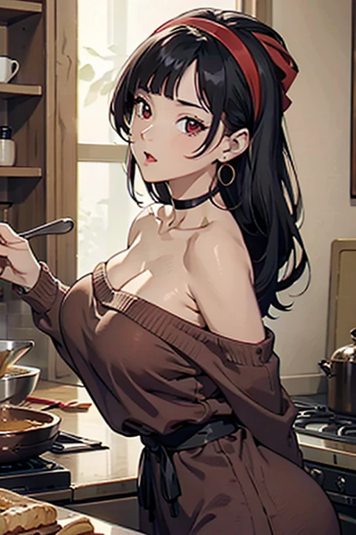 masterpiece, yor, 1girl, Amazing Cleavage:1.3, thin waist, big ass, Raised sexy, medium breast: 1.8 posed cleavage:1.2、solo, looking at viewer, open mouth, have a cup of coffee,black hair, red eyes, dress, bare shoulders, jewelry, collarbone, sidelocks, hairband, earrings, indoors, off shoulder, :o, sweater, arms behind back, plant, short hair with long locks, white hairband, off-shoulder dress, sweater dress, off-shoulder sweater, red sweater, big side hair, very long side hair,is rendered in (masterpiece: 1.2, best quality), with (ultra high resolution) and an exquisite (depth of field). This masterpiece is not only visually stunning but also tells, teach of cooking ,in the kitchen
