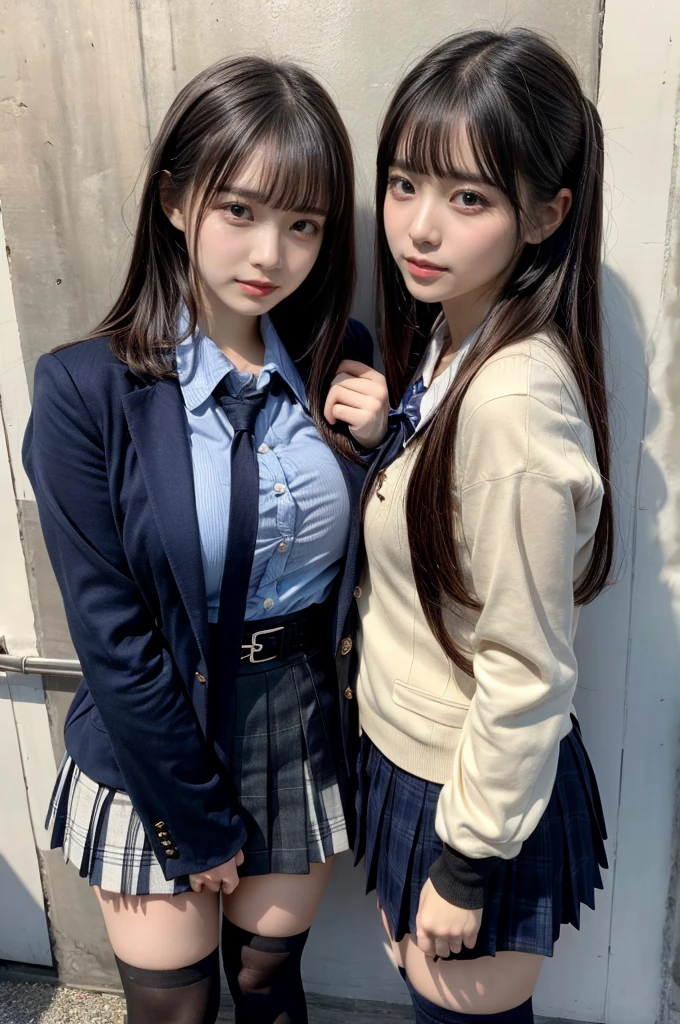 muster piece, best quality, illustration, Super detailed, fine details, High resolution, 8K,wall paper, perfect dynamic composition,(Details High quality, realistic depiction of eyes:1.3), ((2 girls, 2 schoolgirls)), High School Classroom、High school girl uniform、blazer 、Super Short Check Uniform Skirt、Navy blue high socks、garterbelts、Colossal tits、Disturbed uniform, Play with each other,Touching each other's bodies,Touching the body of the girl next door, short bob hair, black hair color, huge breasts, Big Natural Color Lip, bold sexy pose, (perfect body shape), crying a little、cold gaze, Harajuku style、20 year old girl、 beautiful legs, hposing Gravure Idol, Voluptuous thighs