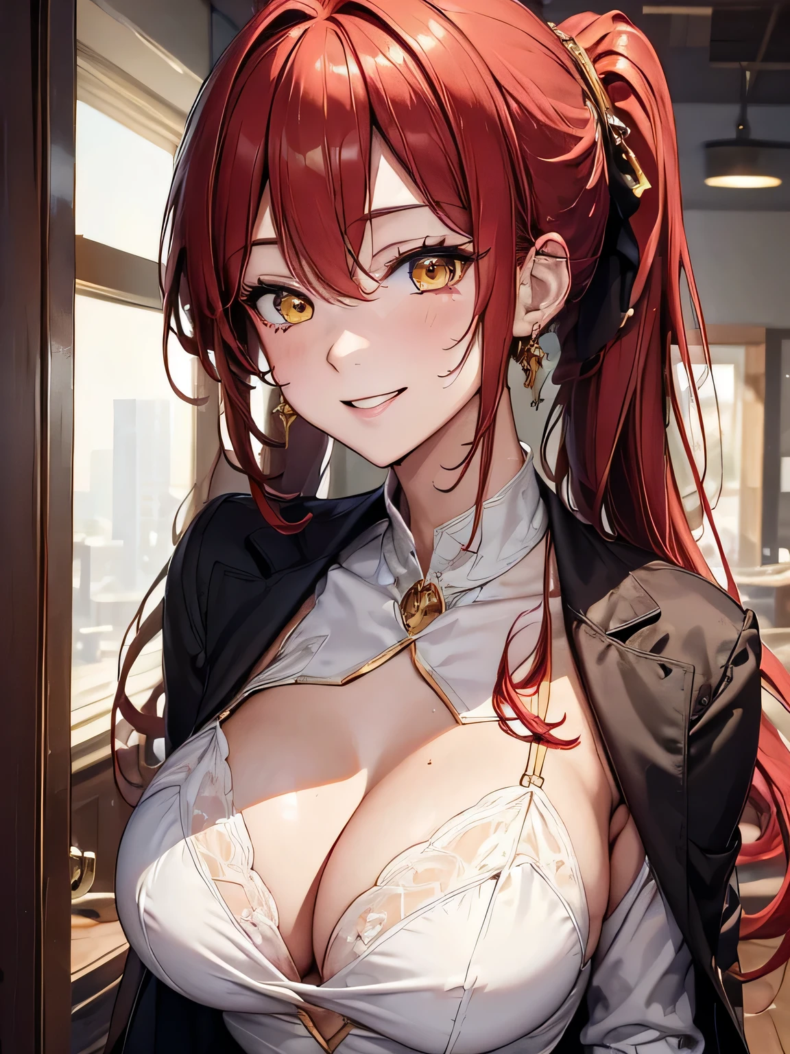 (masterpiece, best quality:1.4), 8k, Closeup, red Hair, Ponytail, Young adult, anime girl, smiling, Teasing, light Yellow Eyes, Really Big chest, White Dress, black coat, in bar (detailed eyes and face, sharp pupils, realistic pupils:0.6)