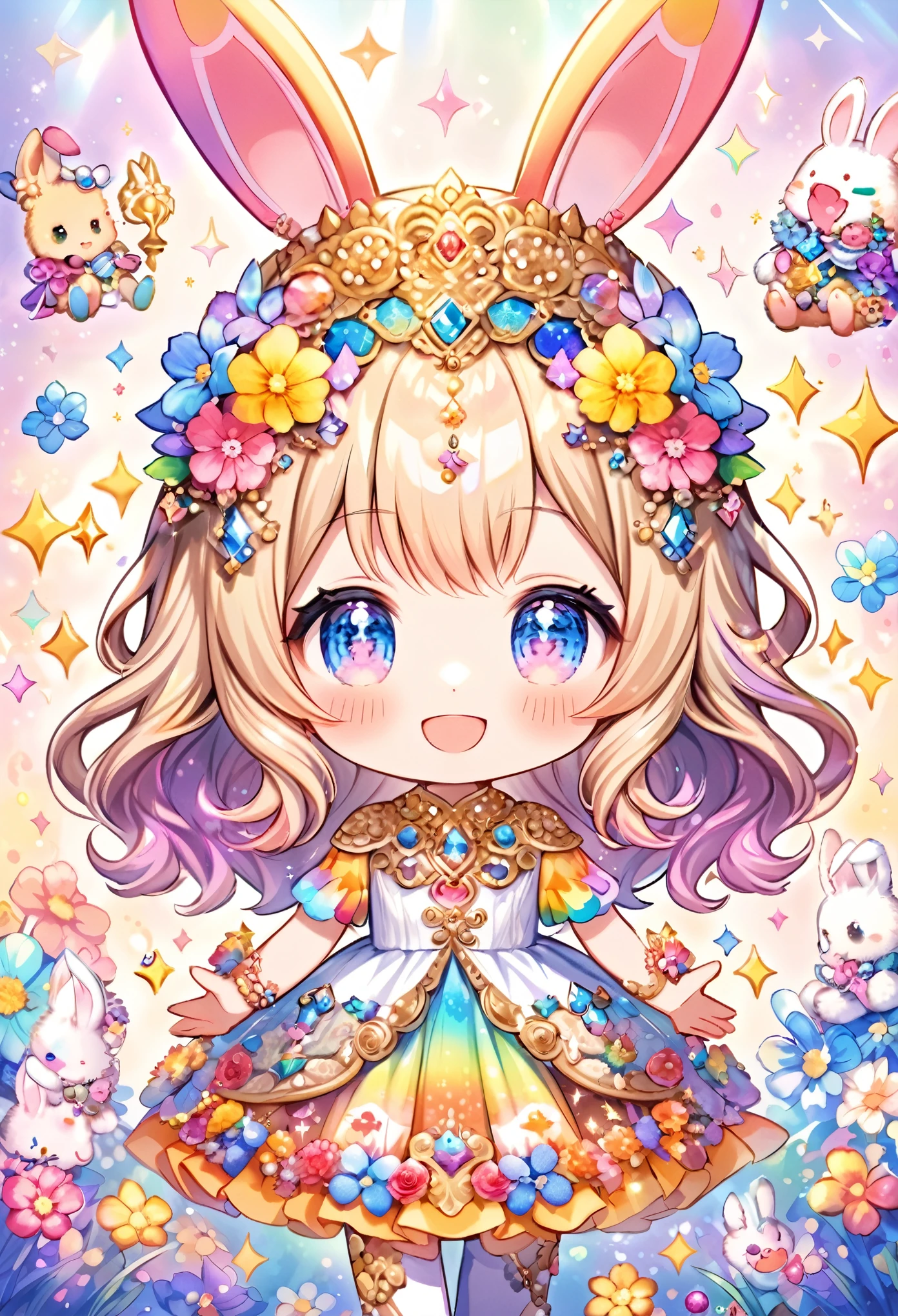 "A cute and colorful chibi character with bunny ears adorned with a vibrant array of flowers and jewels, wearing a detailed and ornate dress. The character has large, expressive eyes and a joyful smile, exuding a magical and fantastical charm with sparkles scattered throughout the image."
