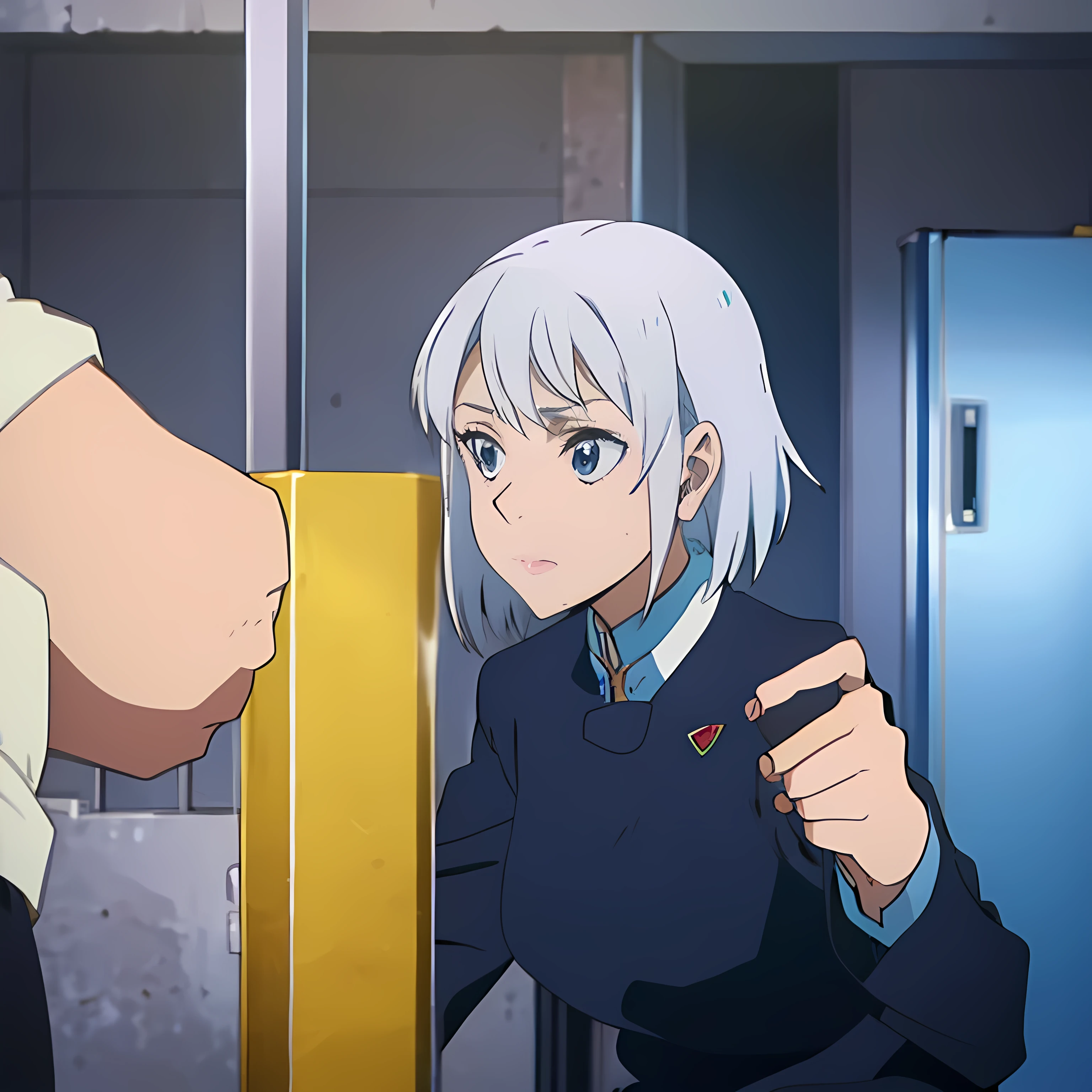 anime girl with white hair in school clothes at school anime icon