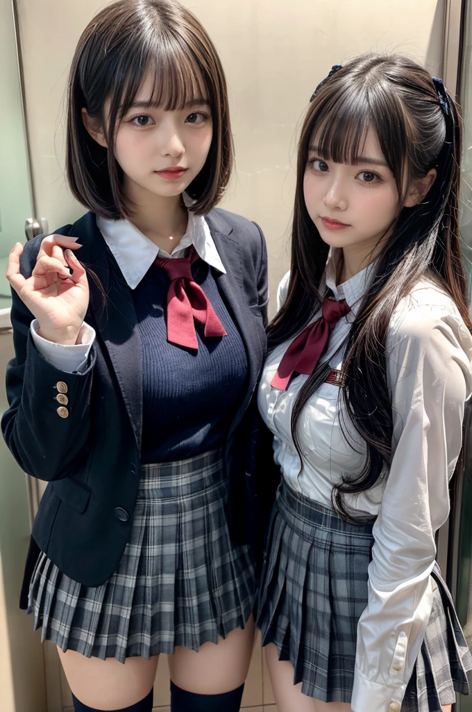 muster piece, best quality, illustration, Super detailed, fine details, High resolution, 8K,wall paper, perfect dynamic composition,(Details High quality, realistic depiction of eyes:1.3), ((2 girls, 2 schoolgirls)), High School Classroom、High school girl uniform、blazer 、Super Short Check Uniform Skirt、Navy blue high socks、garterbelts、Colossal tits、Disturbed uniform, Play with each other,Touching each other's bodies,Touching the body of the girl next door, short bob hair, black hair color, huge breasts, Big Natural Color Lip, bold sexy pose, (perfect body shape), crying a little、cold gaze, Harajuku style、20 year old girl、 beautiful legs, hposing Gravure Idol, Voluptuous thighs