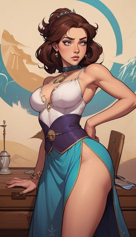 Woman style character beautiful breasts symmetrical medium breasts Fiona queen Anna of Arendelle with war marks Cartoon image of a woman .Ilustra??o estilo desenho animado, estilo de arte dos desenhos animados, estilo de arte dos desenhos animados, digital illustration style, estilo atompunk design de personagens altamente detalhado, arte digital detalhada coragem, Forest fan art, Design de personagens de retrato, beautiful digital illustration, retrato de alta qualidade, Arte em quadrinhos, mulher jovem cabelo com transas lindas . Queen Anna of ArendelleBeautiful lined eyes Medium large bust and wonderful sexy clothes. image expression of sexual desire from waist to head illustration Queen Anne of Arendelle atompunk style Fallout 4 style pose playboy magazine 