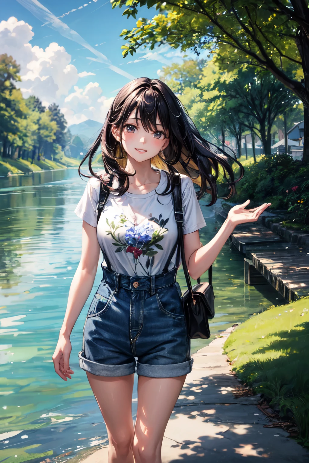 ((best quality)), ((masterpiece)), (detailed), (perfect face), Create a charming, heartwarming scene of a cute girl and a cute boy walking hand-in-hand along a riverbank. The girl has long, wavy hair and is wearing a light, summery dress, while the boy has short, tousled hair and is dressed in a casual t-shirt and shorts. They are smiling and looking at each other affectionately. The river beside them is calm and clear, reflecting the blue sky above. The riverbank is lush with green grass, wildflowers, and a few scattered trees providing dappled shade. In the background, there are gentle hills and a bright, sunny sky with a few fluffy clouds. The overall mood of the image should be one of youthful joy, love, and the simple pleasures of a beautiful day outdoors.