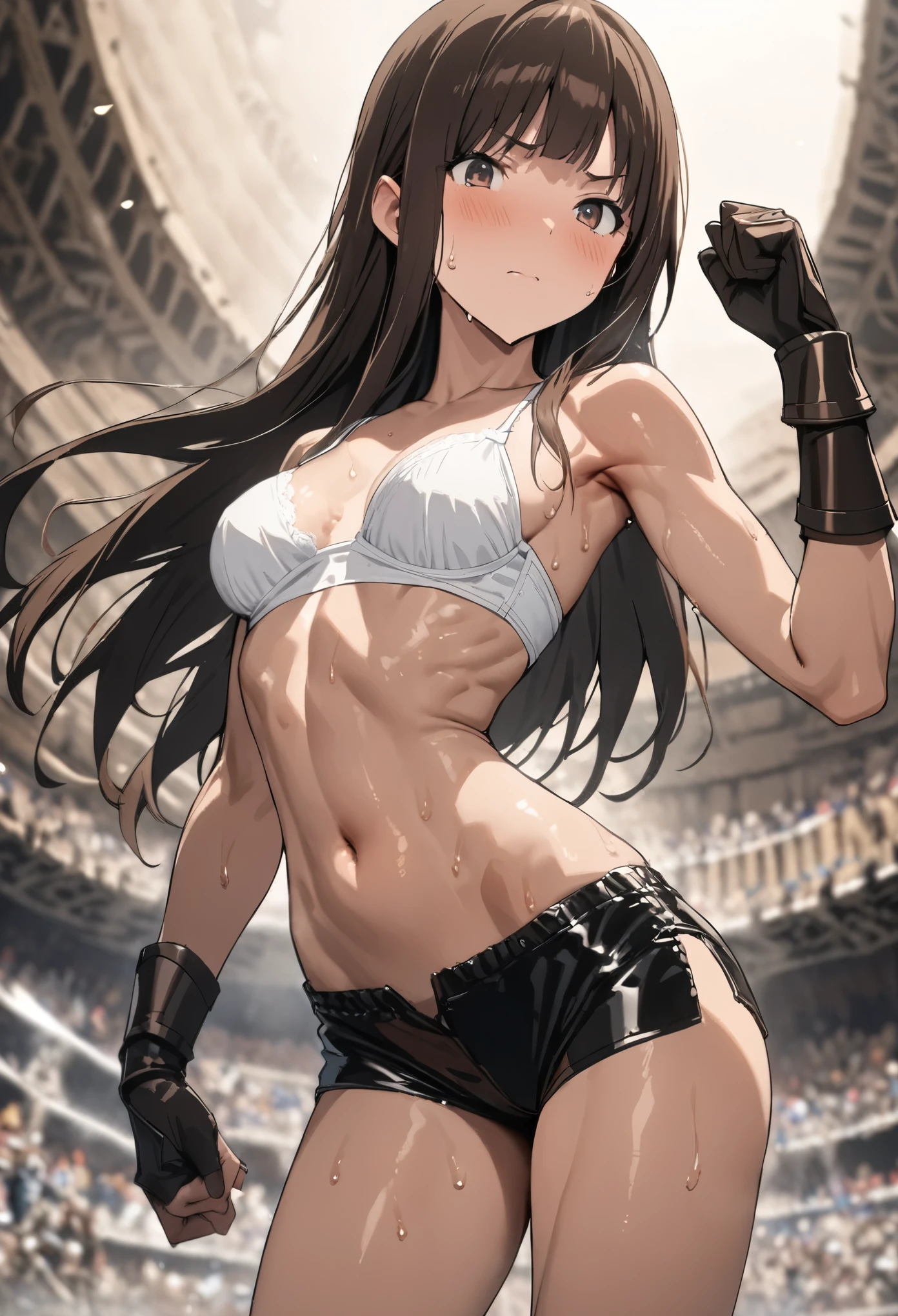 ((masterpiece, highest quality:1.2)), in perspective,cowboy shot,1woman,20 year old beauty,solo,((very small head)),long hair,dark brown hair,brown eyes,blunt,((very long and slender body)),toned body,skinny,medium breasts,oily skin,shiny skin,strong,sweat,White tube top bra、navel、Leather micro shorts、Leather Gauntlets、During a martial arts match、Ancient Arena、Colosseum、