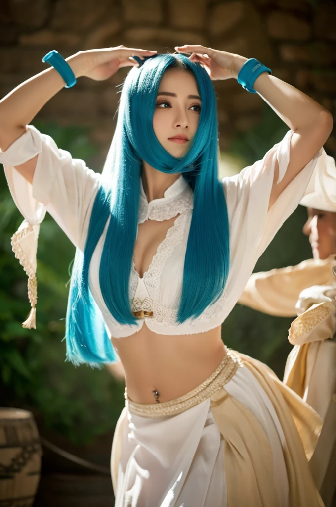 ((masterpiece, highest quality)),(shape),(detailedLight),((Very delicate and beautiful)),1 girl,Godolphin Arabian,long hair,blue hair,Green Eyes,Horse's ears,Uma Musume,hair_ornament,White Dress, Exposing shoulders, ,Sleeveless,Evening Dresses,Long dress,Outdoor, Light,blue sky, horizon, grassland, wild