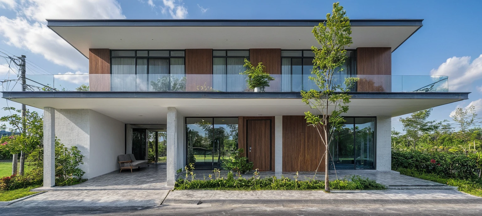 Raw photo,Masterpiece, high quality, best quality, authentic, super detail, exterior, outdoors,Tuonghoagio,house, modern stytle, on the street,wind flower wall, glass windows, white wall,gate, metal railing road,pavement, grass, trees, blue sky, (daylight:1.1), ((realistic photo))