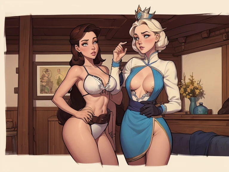 Woman style character beautiful breasts symmetrical medium breasts Fiona queen Anna of Arendelle with war marks Cartoon image of a woman .Ilustra??o estilo desenho animado, estilo de arte dos desenhos animados, estilo de arte dos desenhos animados, digital illustration style, estilo atompunk design de personagens altamente detalhado, arte digital detalhada coragem, Forest fan art, Design de personagens de retrato, beautiful digital illustration, retrato de alta qualidade, Arte em quadrinhos, mulher jovem cabelo com transas lindas . Queen Anna of ArendelleBeautiful lined eyes Medium large bust and wonderful sexy clothes. image expression of sexual desire from waist to head illustration Queen Anne of Arendelle atompunk style Fallout 4 style pose playboy magazine